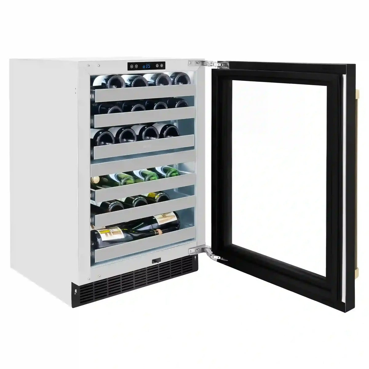 Dual-zone wine cooler with open door showing bottle storage racks and dark interior shelves.