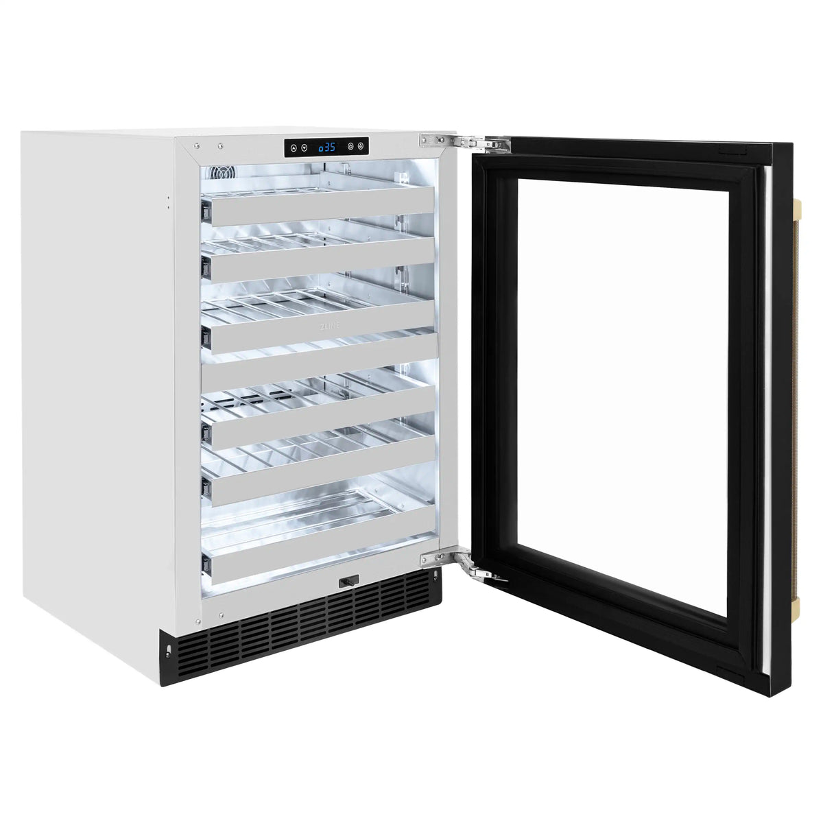 Wine cooler with open door showing lighted shelves and black outer frame