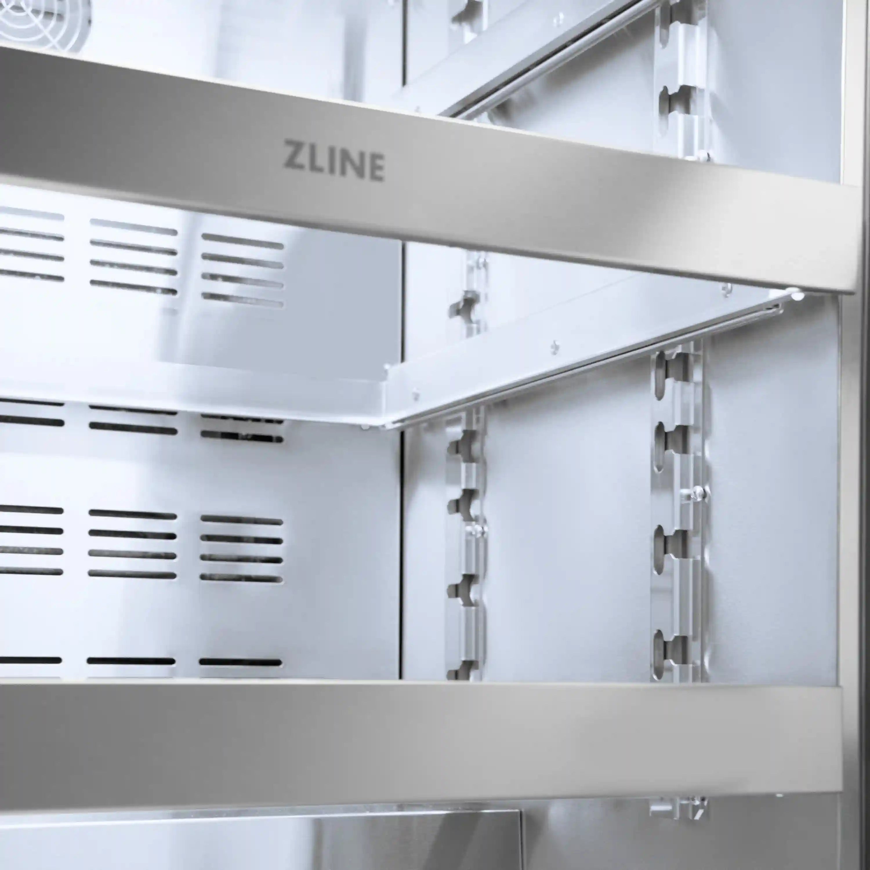 Open beverage fridge interior with white shelves and silver metal storage racks