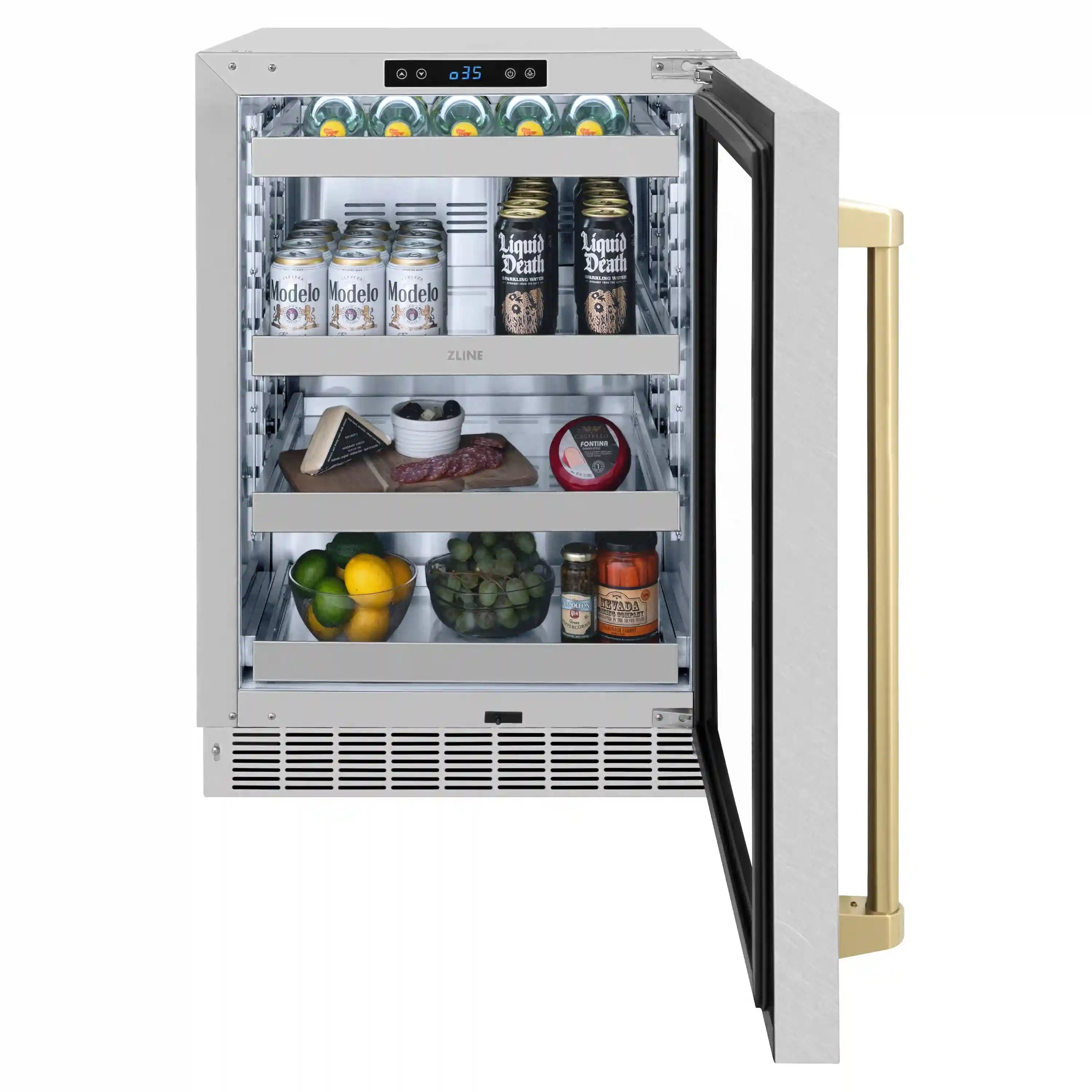 Beverage fridge with open door showing stocked shelves and interior glass door