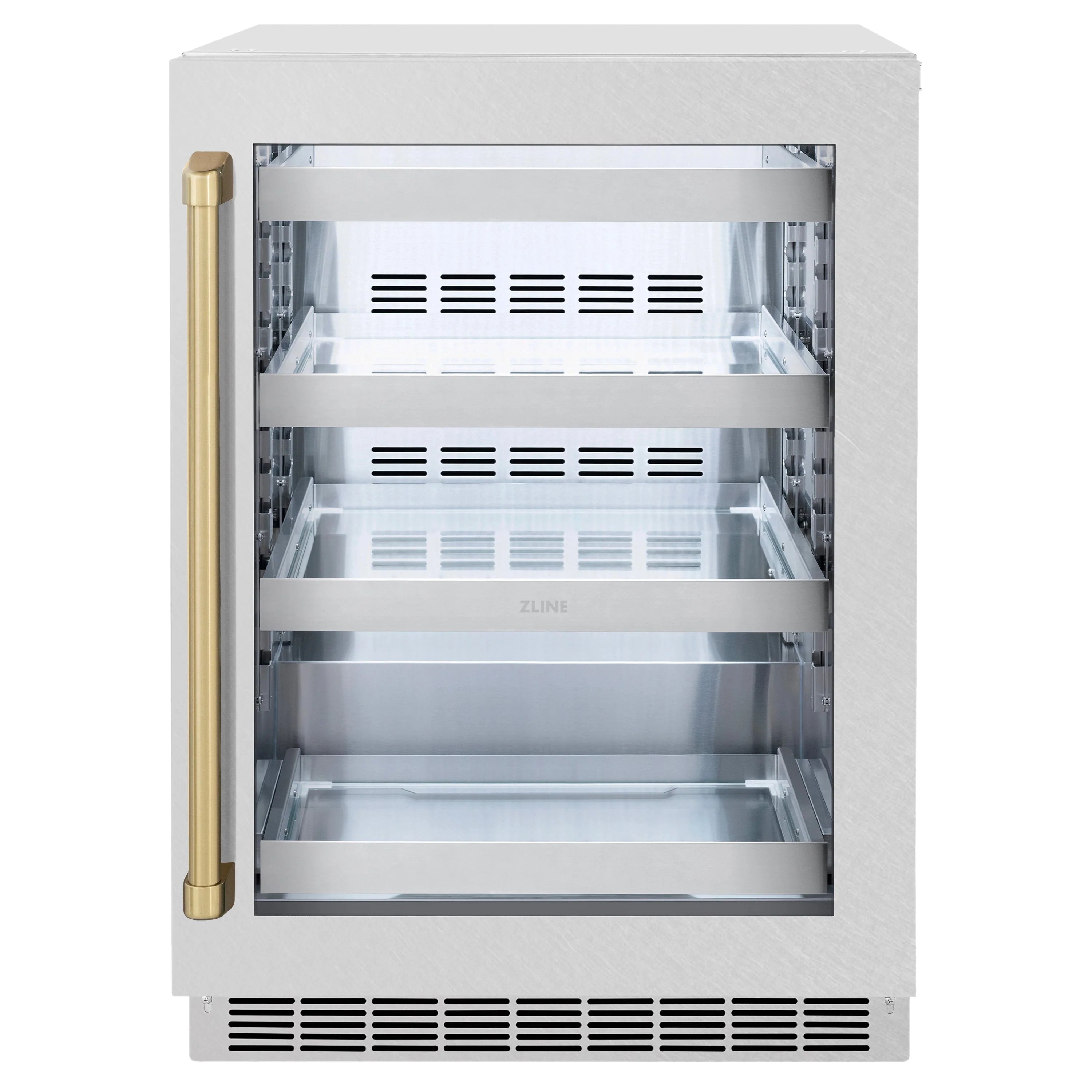 24 in beverage fridge front open view with glass door and interior racks