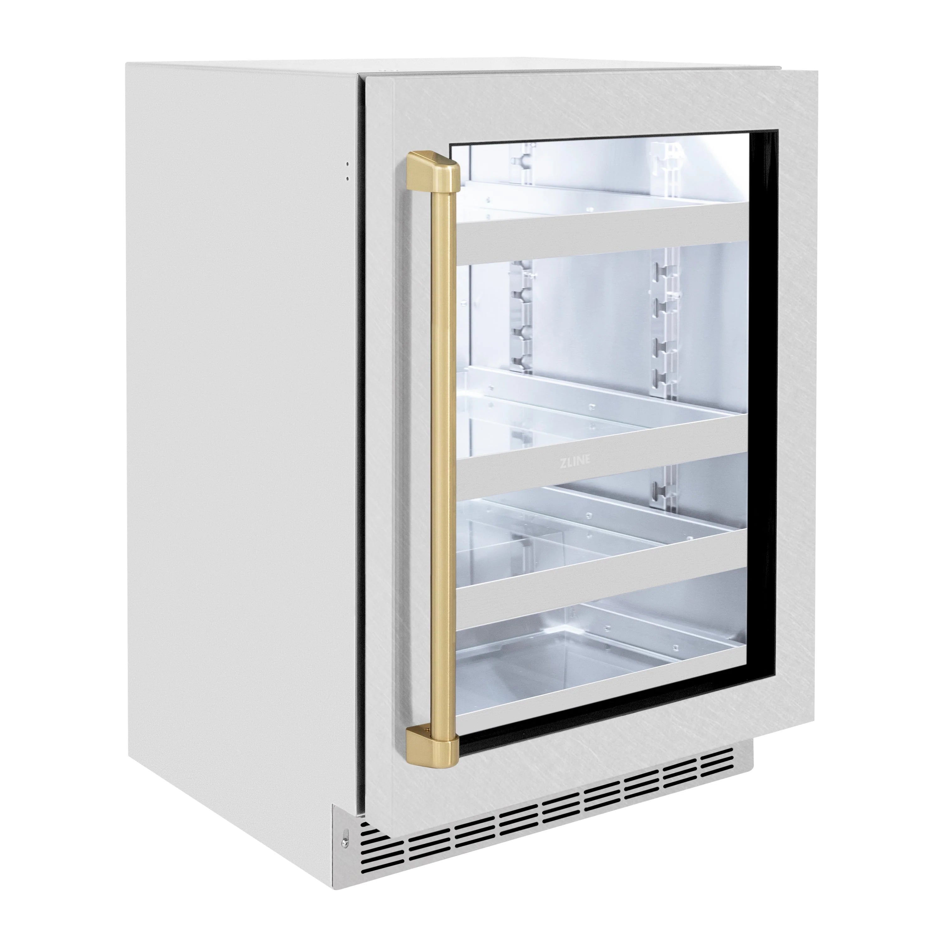 Beverage fridge with satin stainless glass door and champagne bronze bar handle