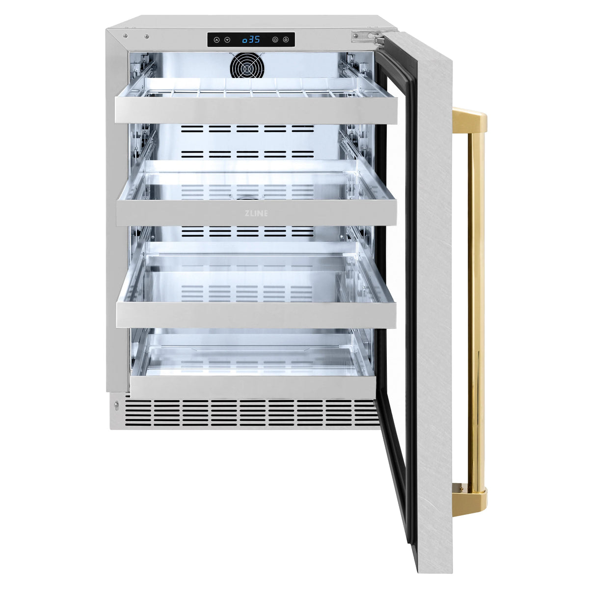 Open beverage fridge interior with glass door frame, shelves, and vented base