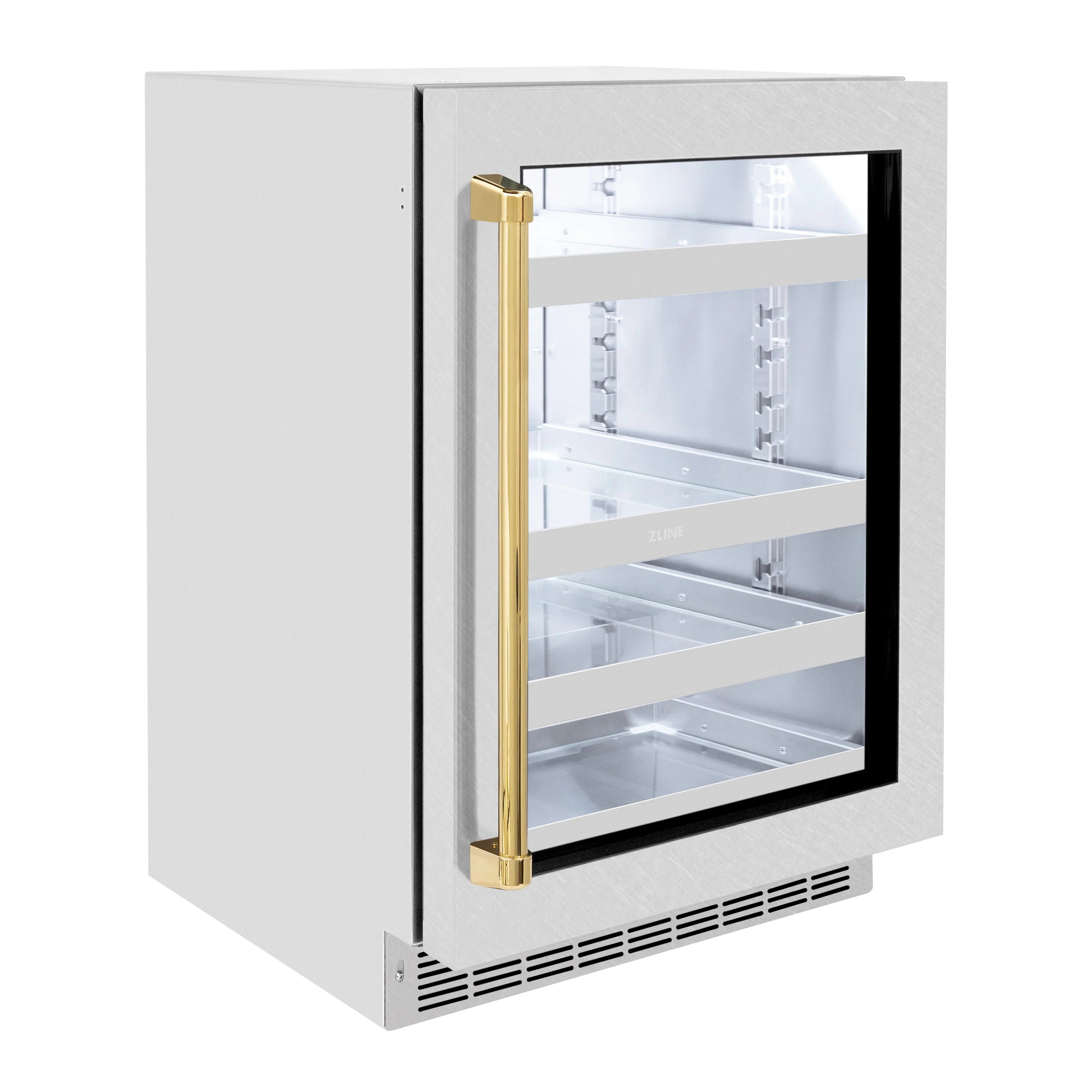 Vented beverage fridge with clear glass door and tall polished gold handle