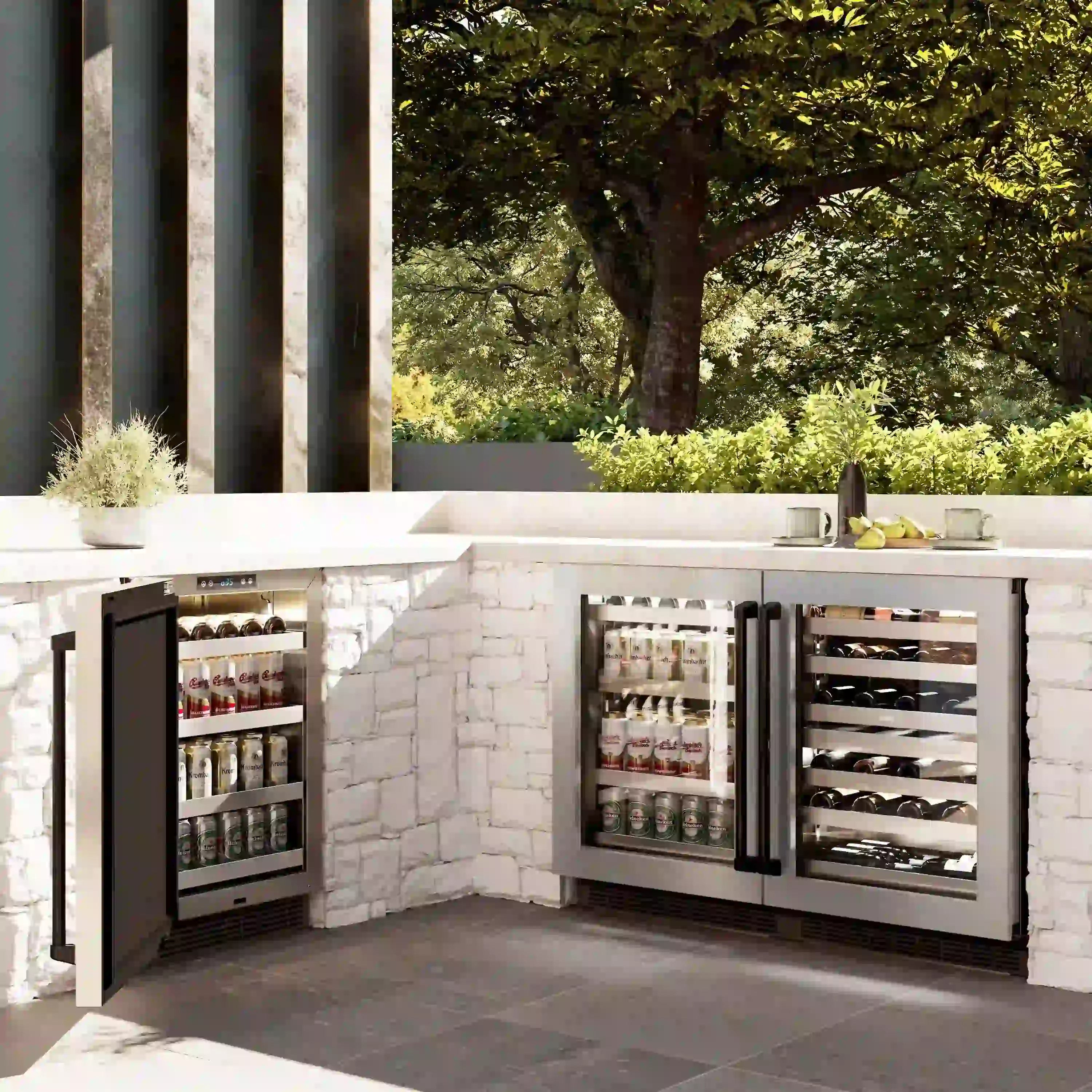 Built-in can beverage refrigerator with open doors, satin stainless interior, black handles