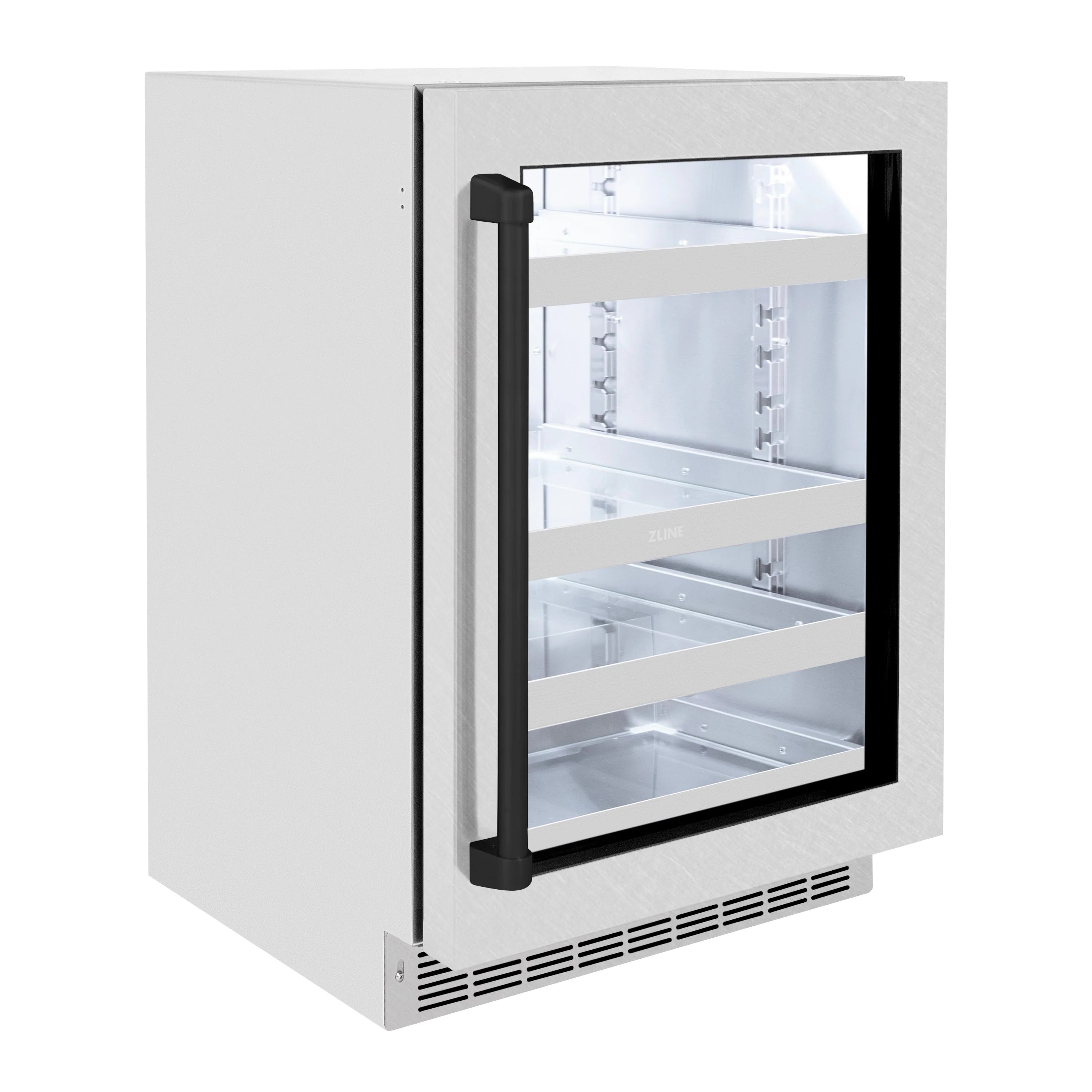 Satin stainless can beverage refrigerator with matte black handle and glass door, angled view