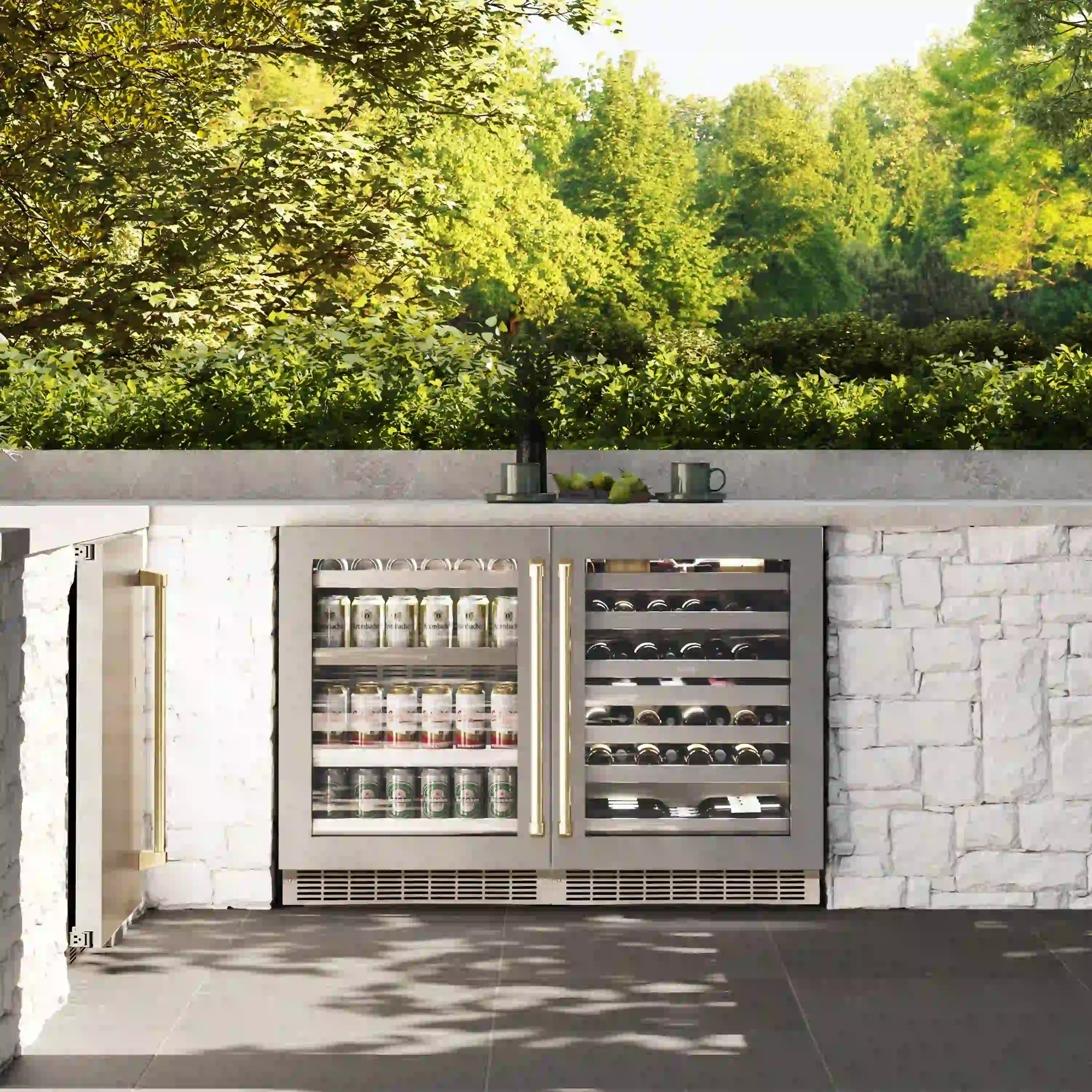 Dual-zone wine cooler installed under a countertop with two open compartment doors