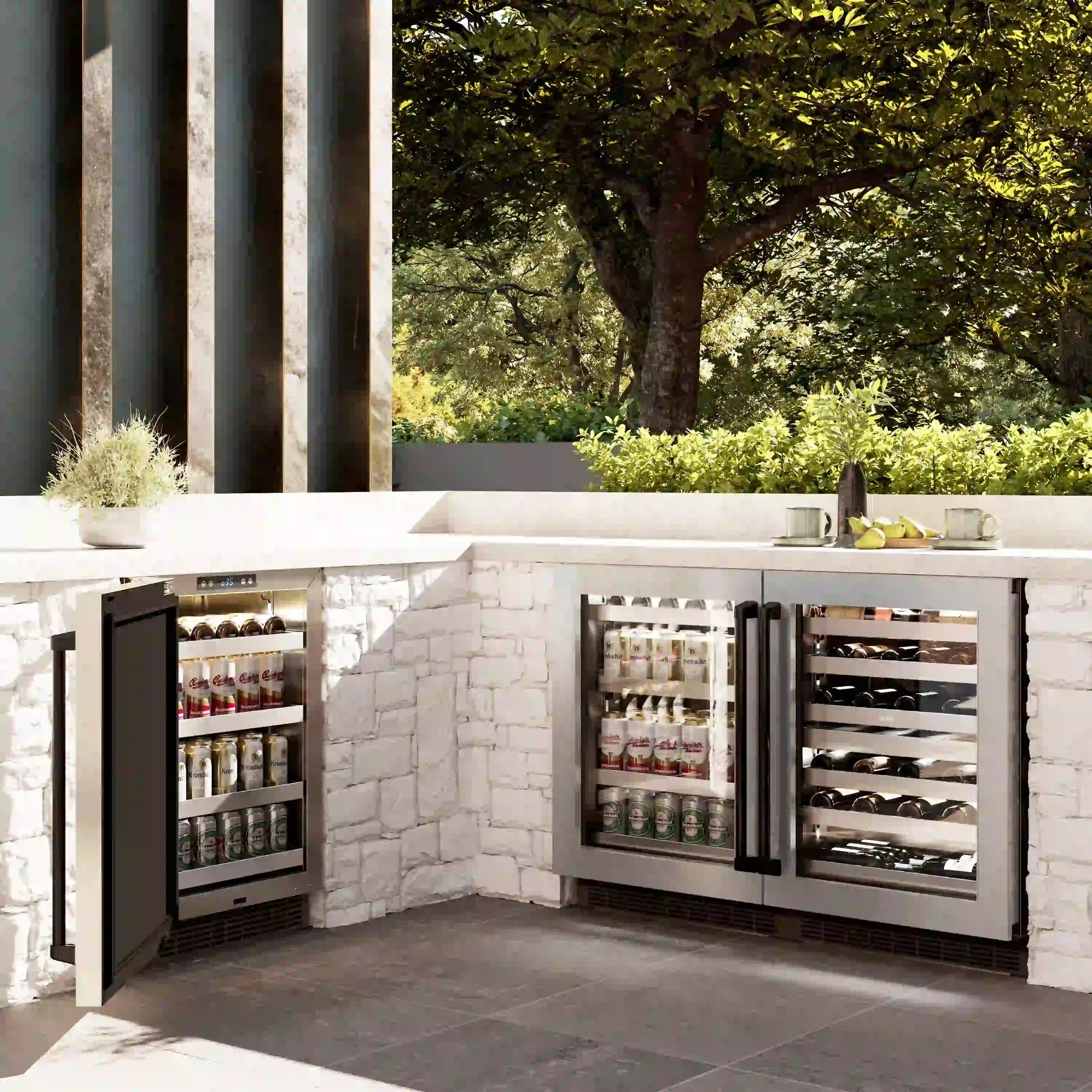 Outdoor dual-zone wine cooler with two open door panels and interior shelves