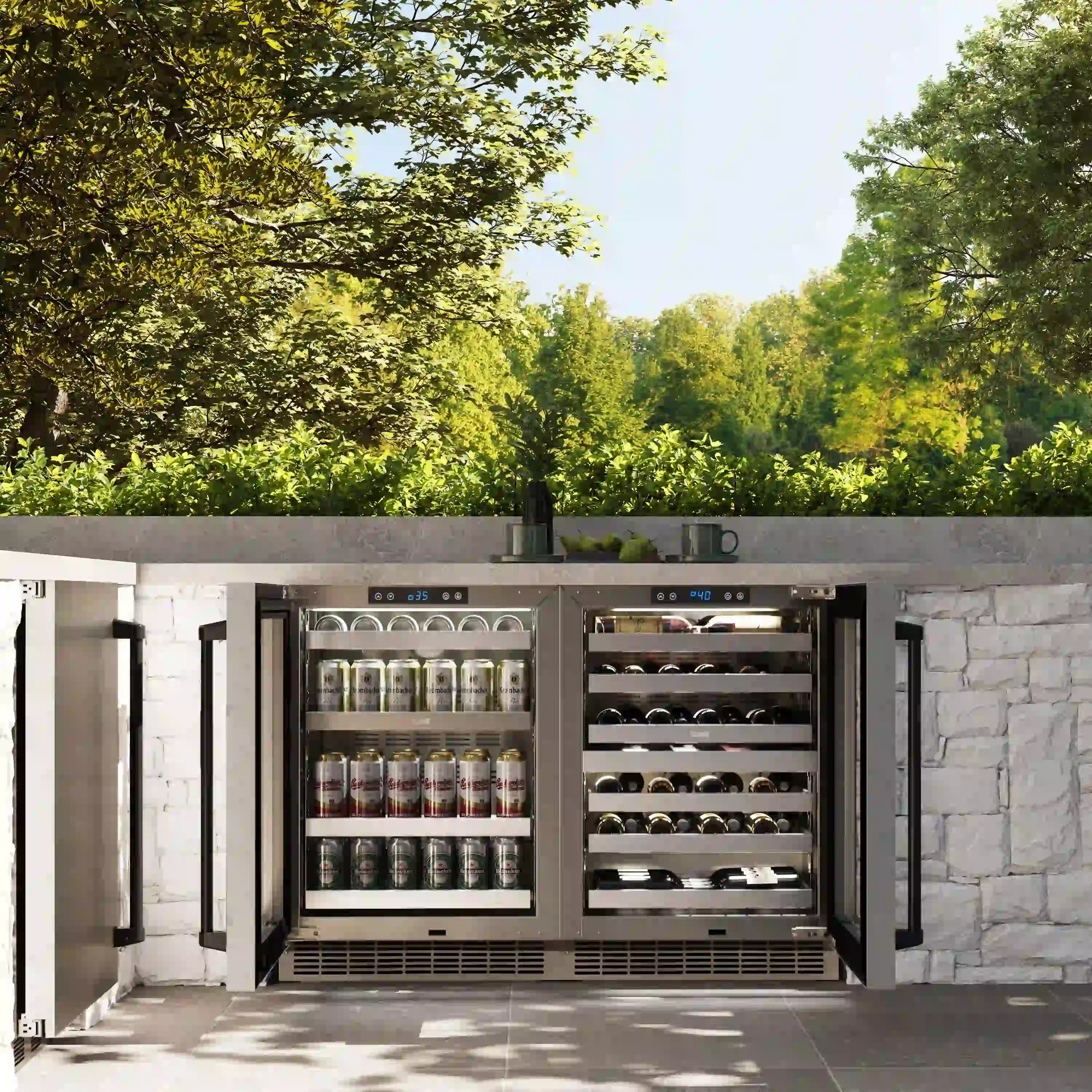 Outdoor wine cooler unit with dual glass doors and wine storage racks