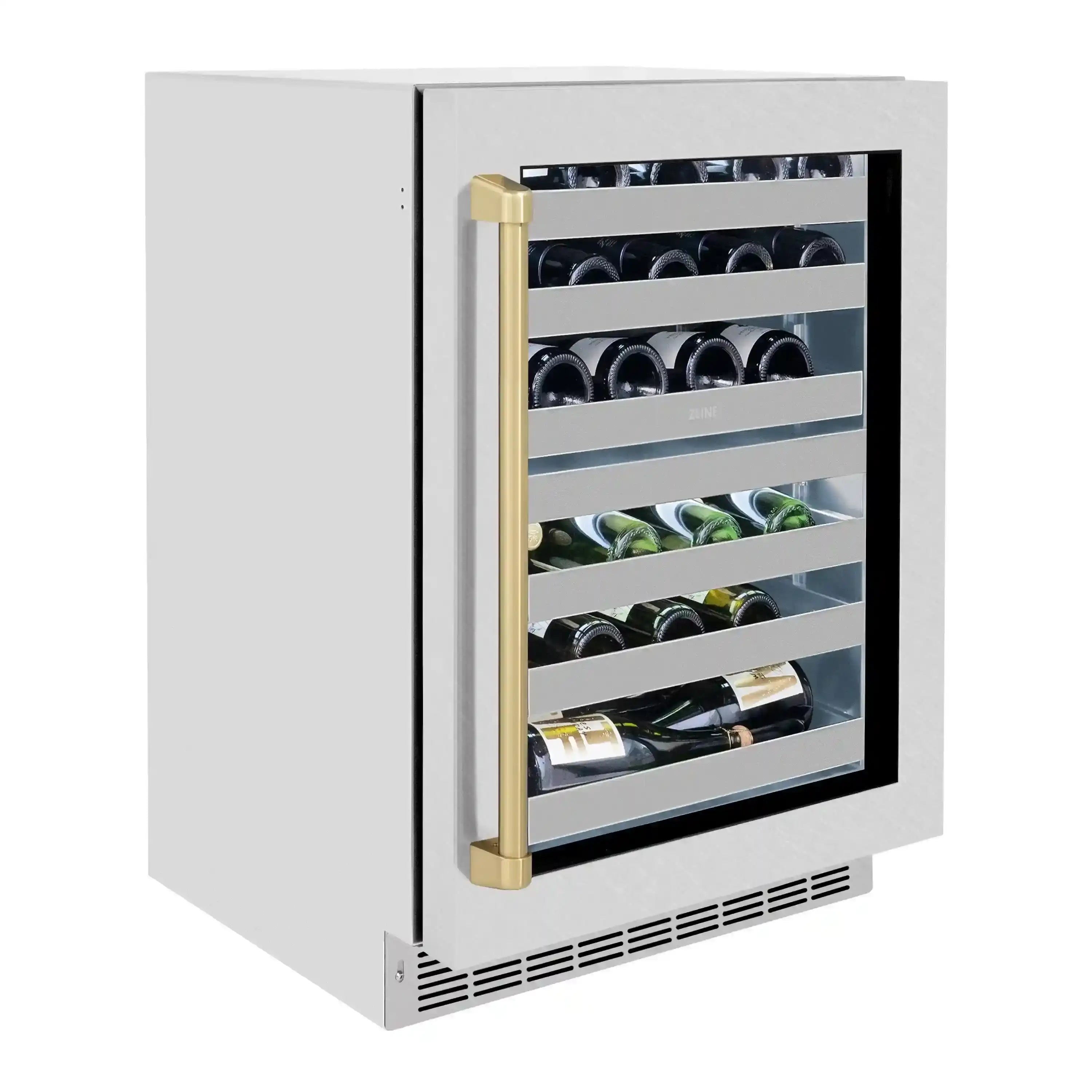 Wine cooler with satin stainless frame, glass door, and champagne bronze handle