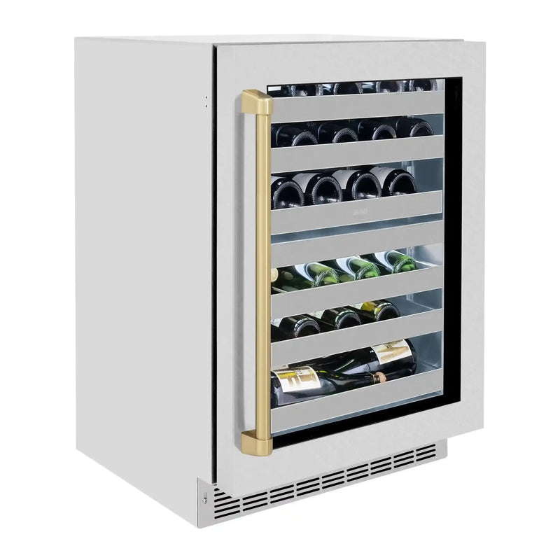 ZLINE Autograph Edition 24-Inch Touchstone Dual Zone 44 Bottle Wine Cooler with DuraSnow Stainless Steel Glass Door and Champagne Bronze Handle (RWDOZ-SN-24-CB)