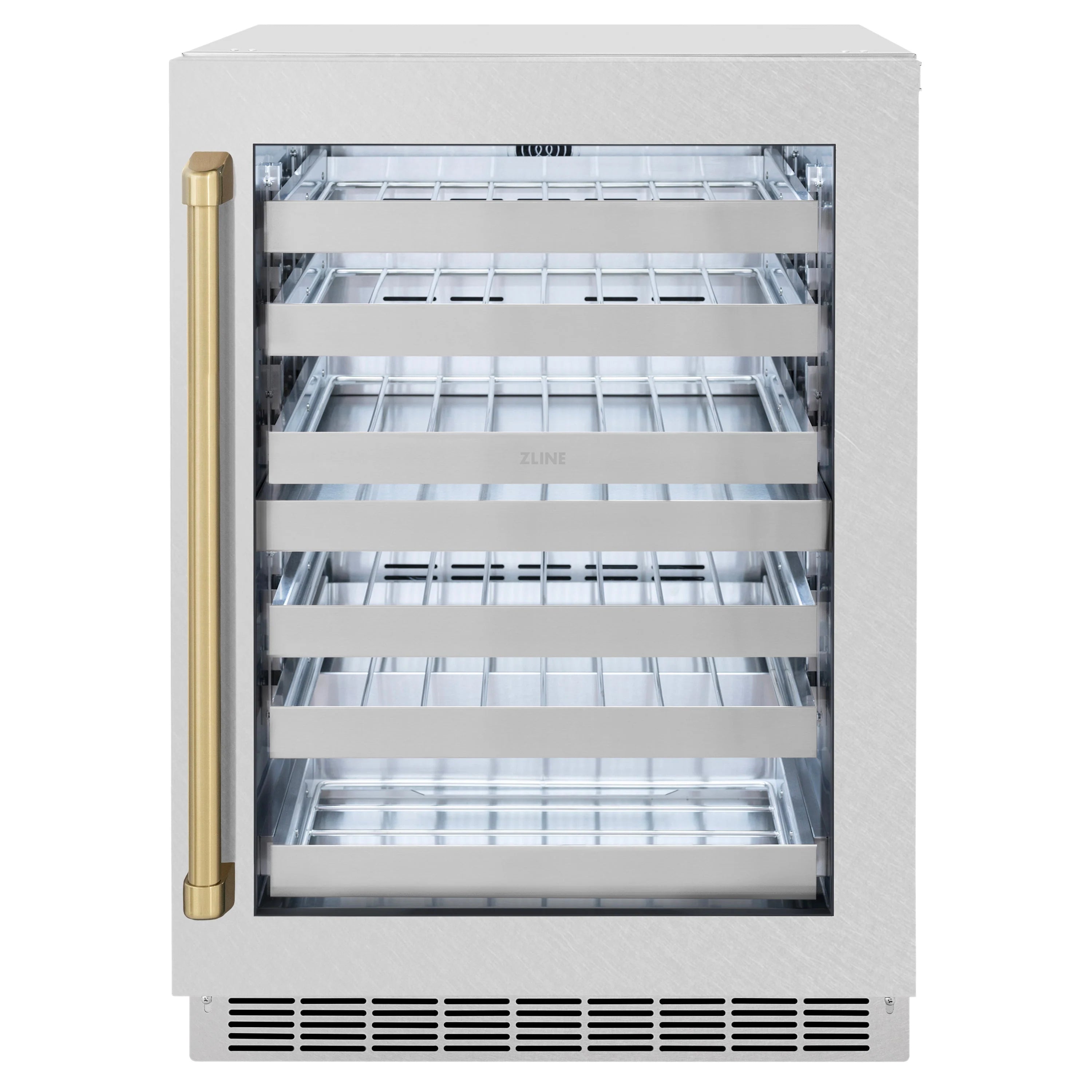 Front view of dual-zone wine cooler with open door, illuminated racks, and bronze handle