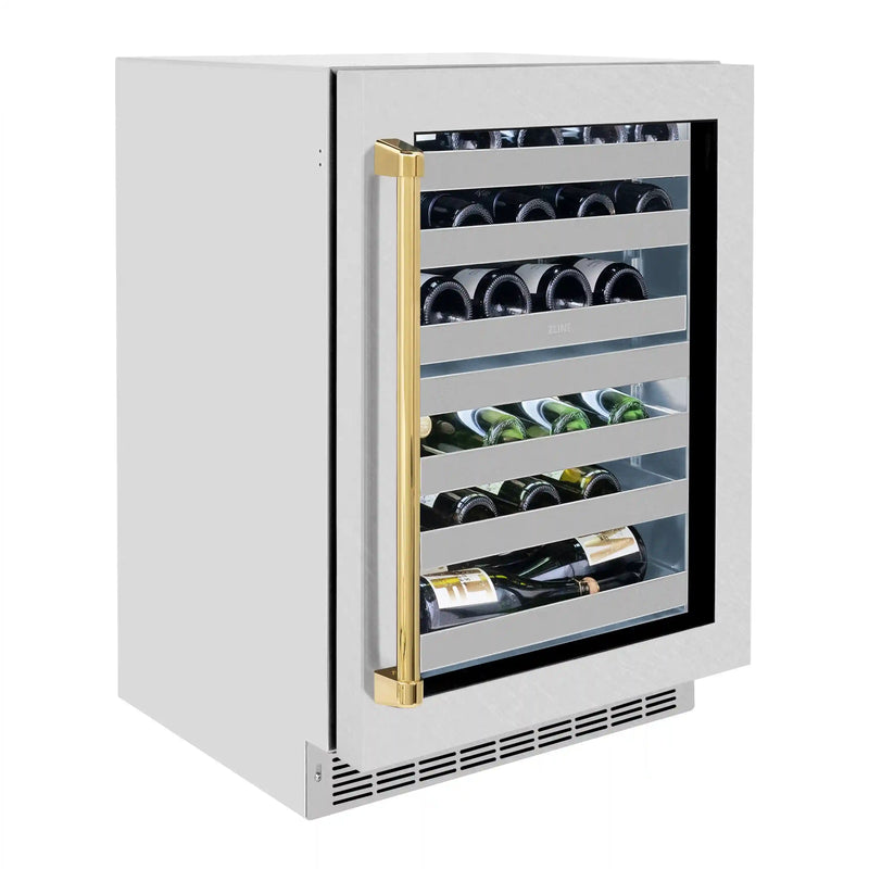 ZLINE Autograph Edition 24-Inch Touchstone Dual Zone 44 Bottle Wine Cooler with DuraSnow Stainless Steel Glass Door and Polished Gold Handle (RWDOZ-SN-24-G)