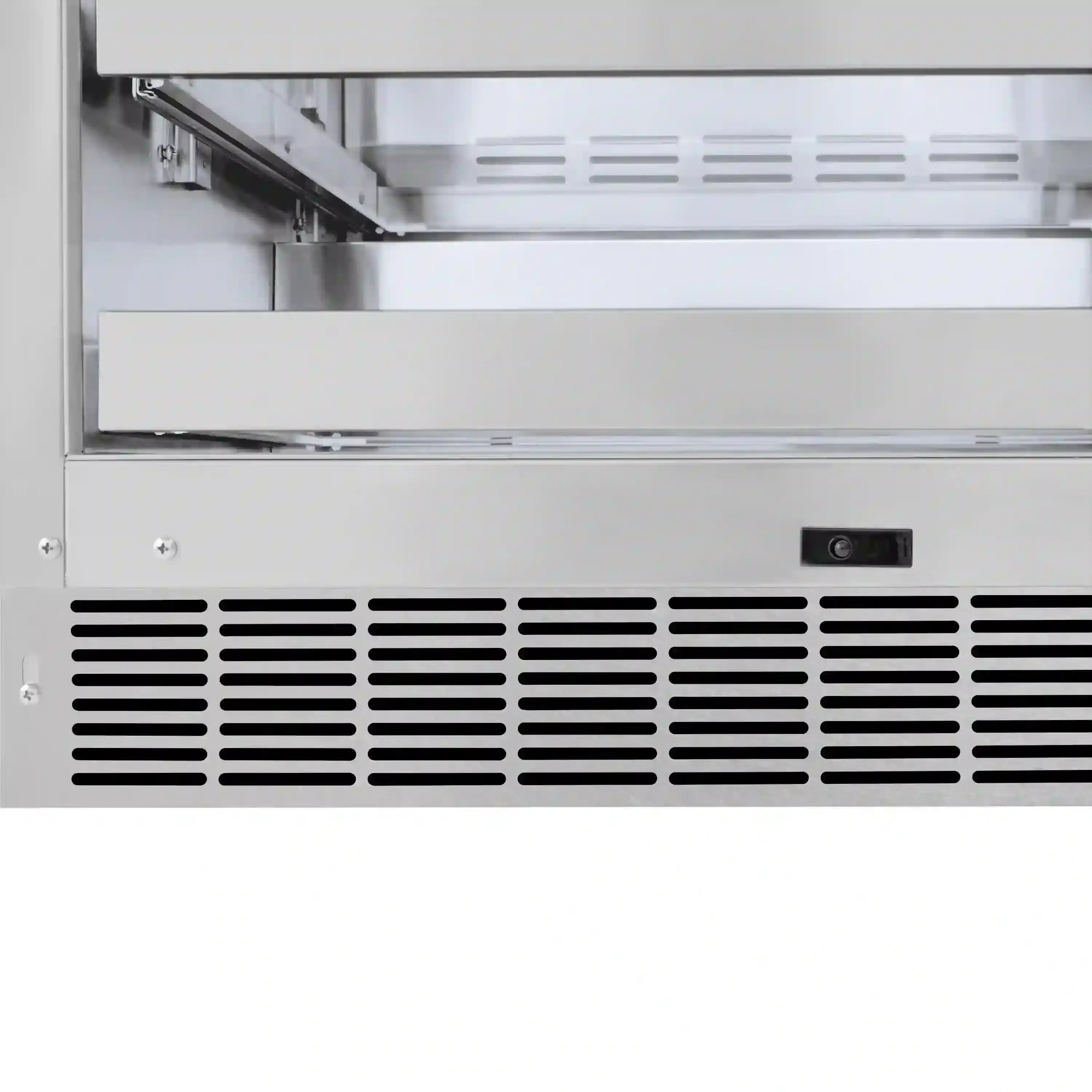 Wine cooler vent grille with perforations, black panel in satin stainless steel cabinet