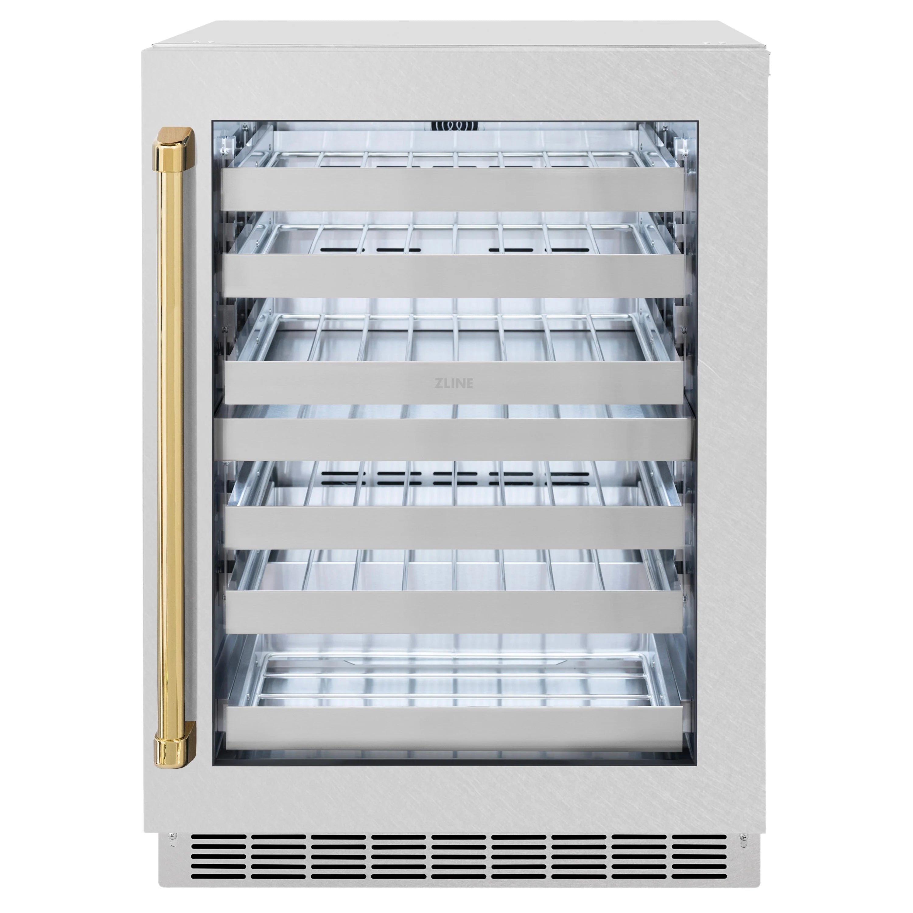 Wine cooler with glass door ajar, visible interior shelves, satin stainless steel body