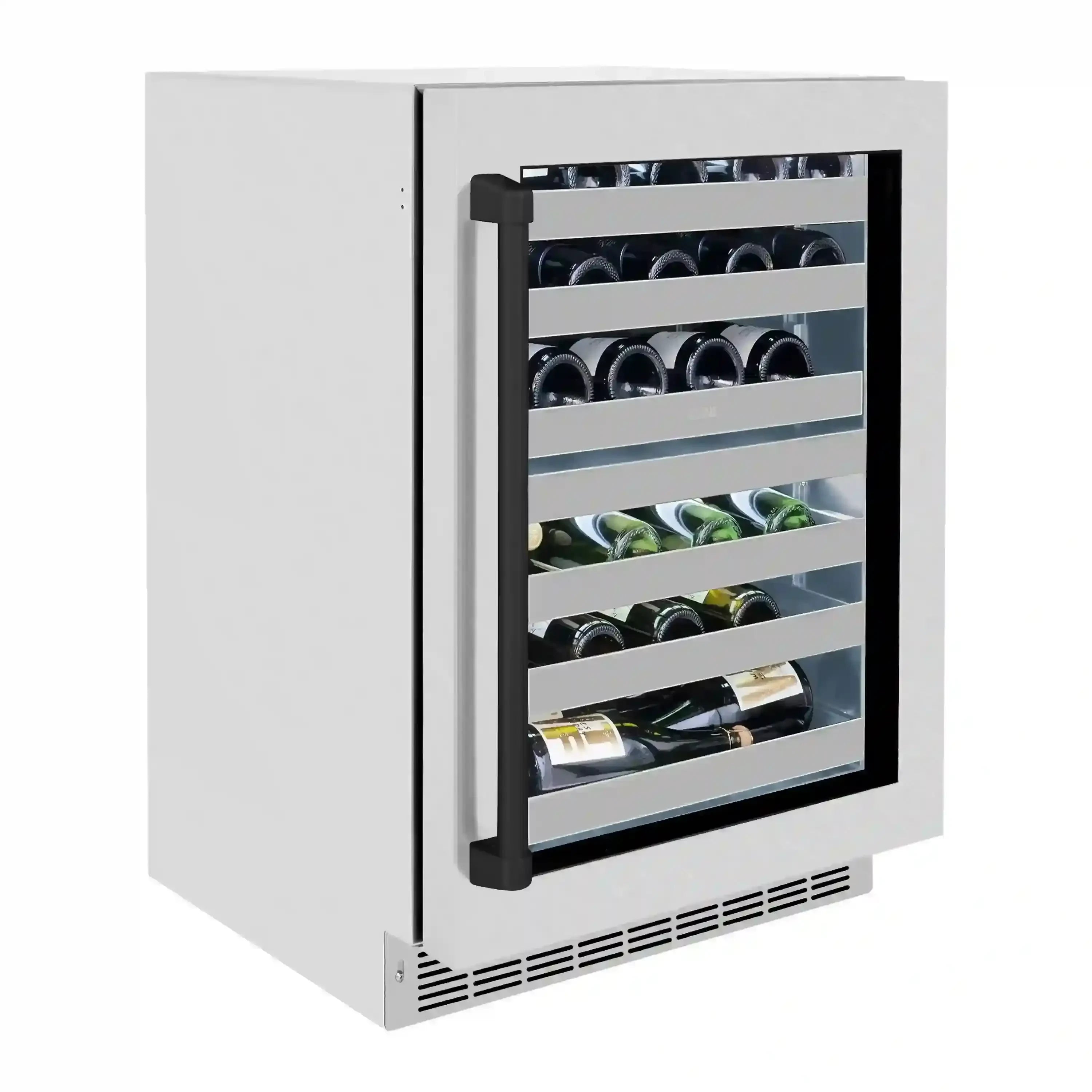 Wine cooler with black handle and glass door showcasing bottle racks inside