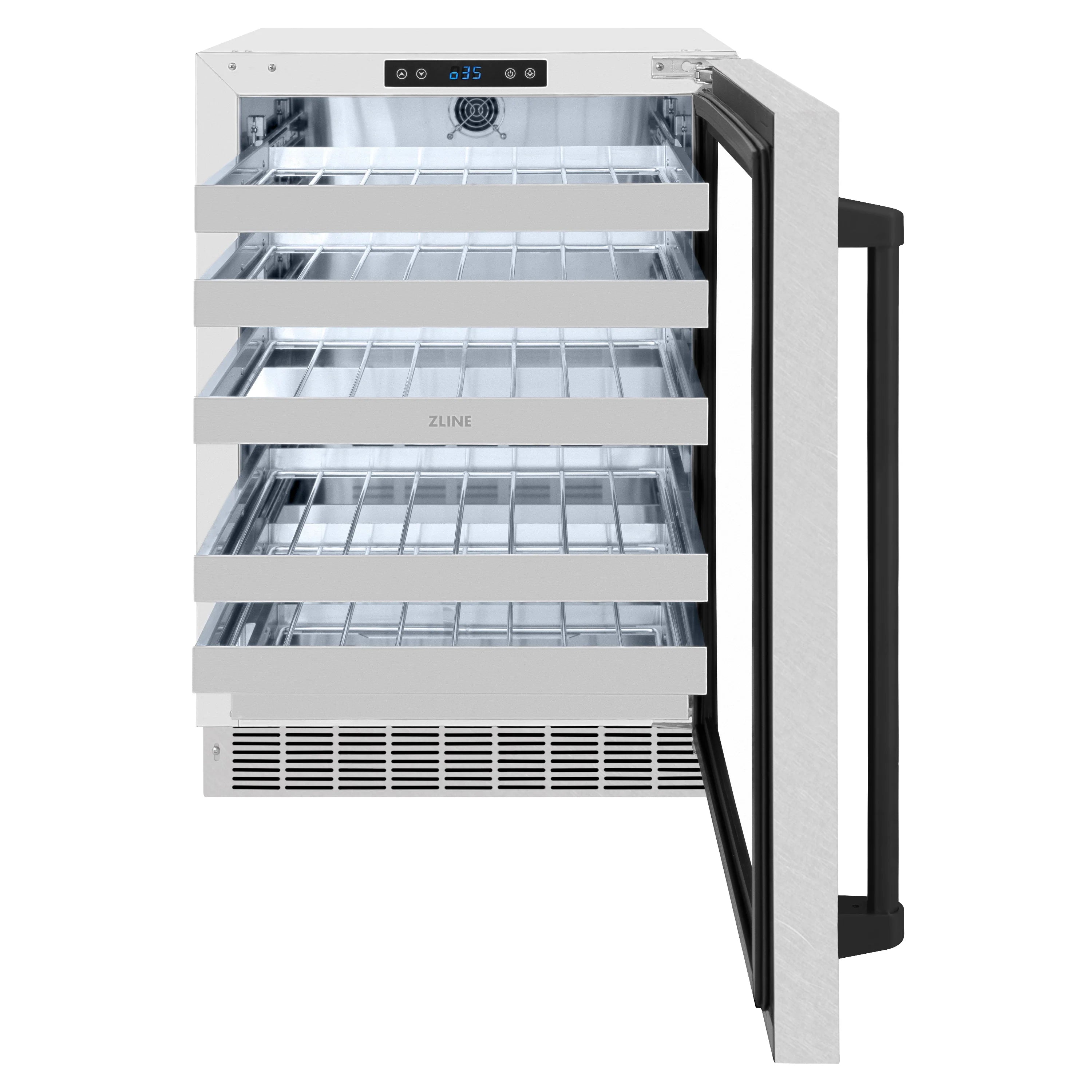 Wine cooler with open door, black handle, and adjustable chrome shelves