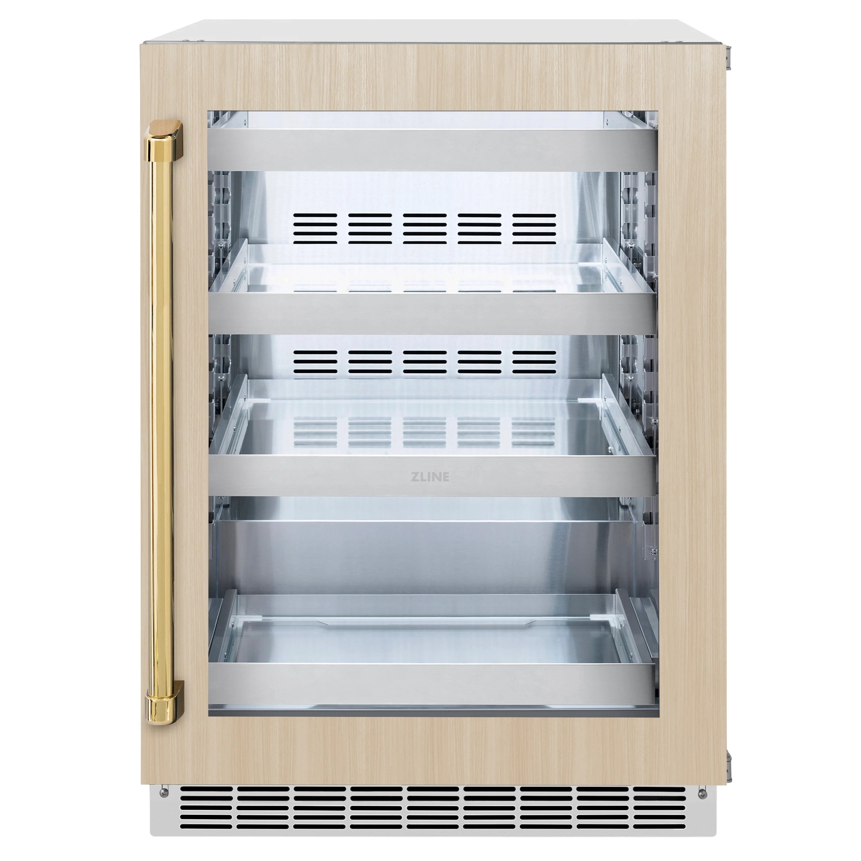 Panel-ready beverage refrigerator with light wood door panel and glass opening