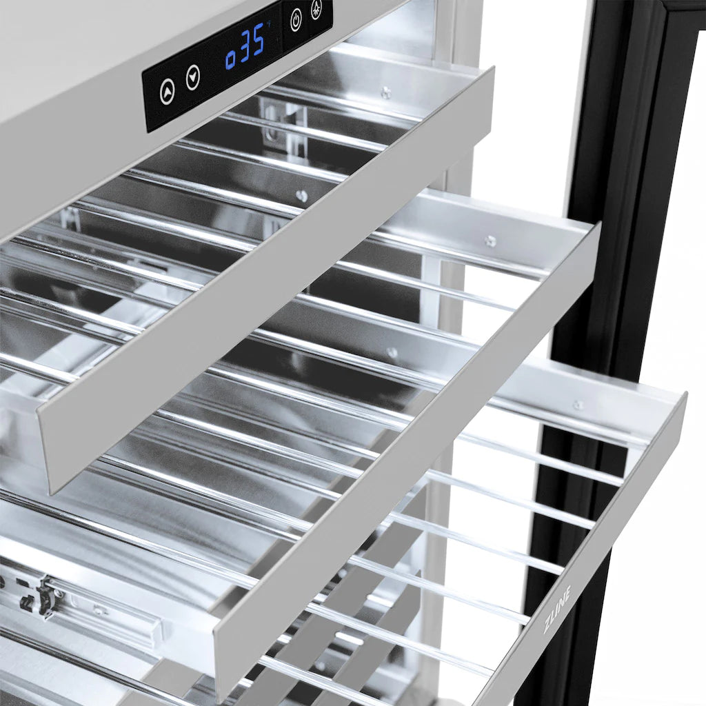 Wine cooler interior with metal wire shelves and top control panel