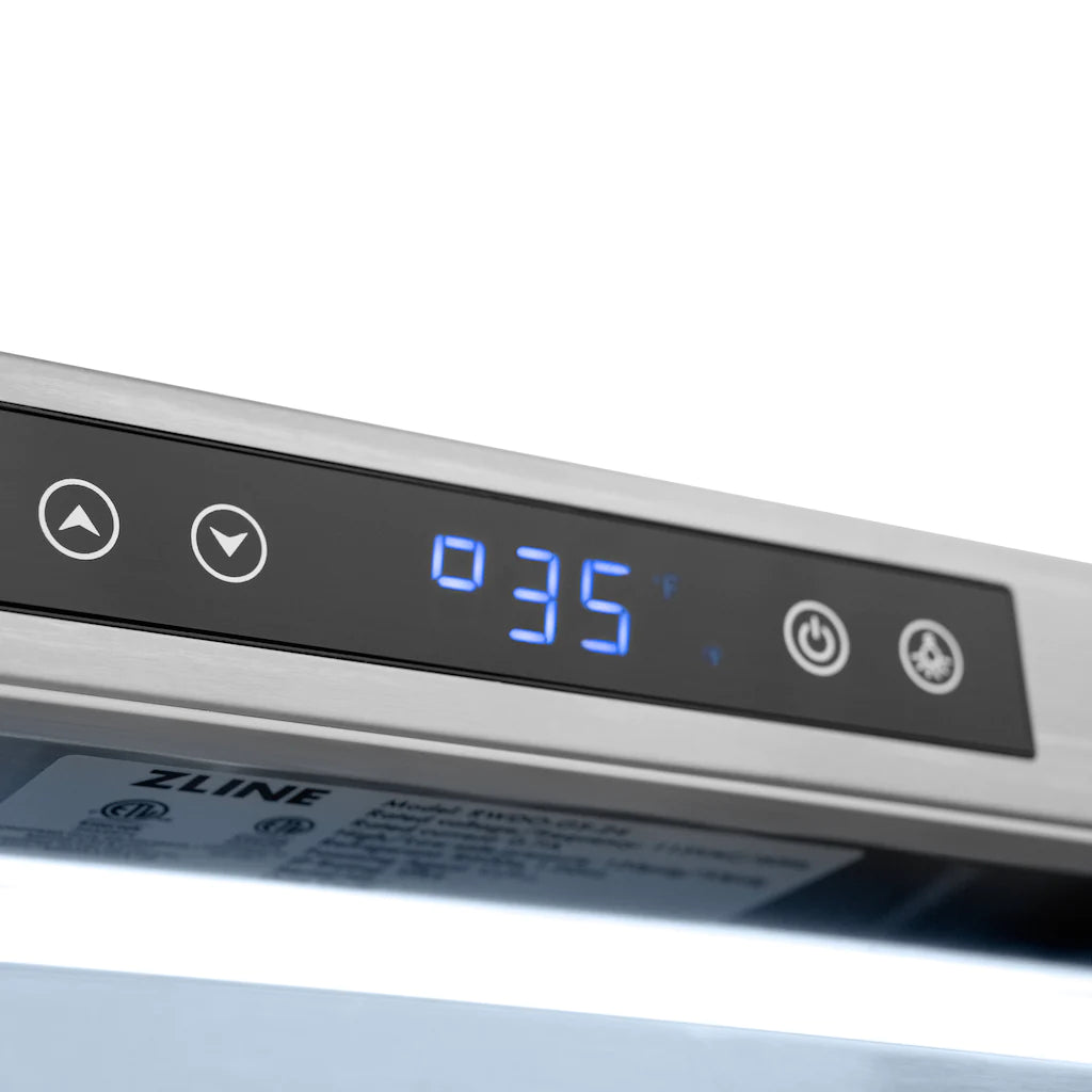 Wine cooler control panel temperature display reading 43°F