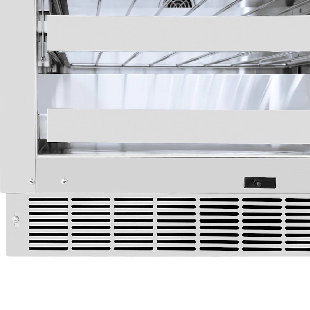 Wine cooler front grille and vent area with open top shelf