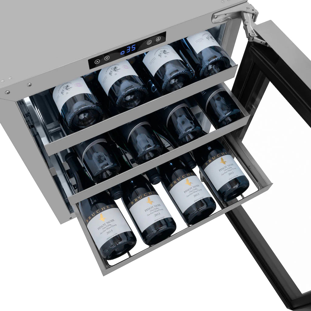 Wine cooler open door with bottle racks and glass door frame