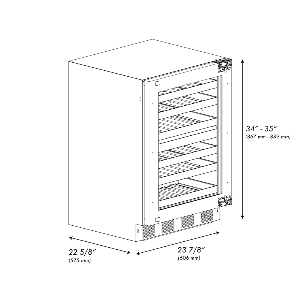 Wine cooler dimensions diagram with front door opening and vent