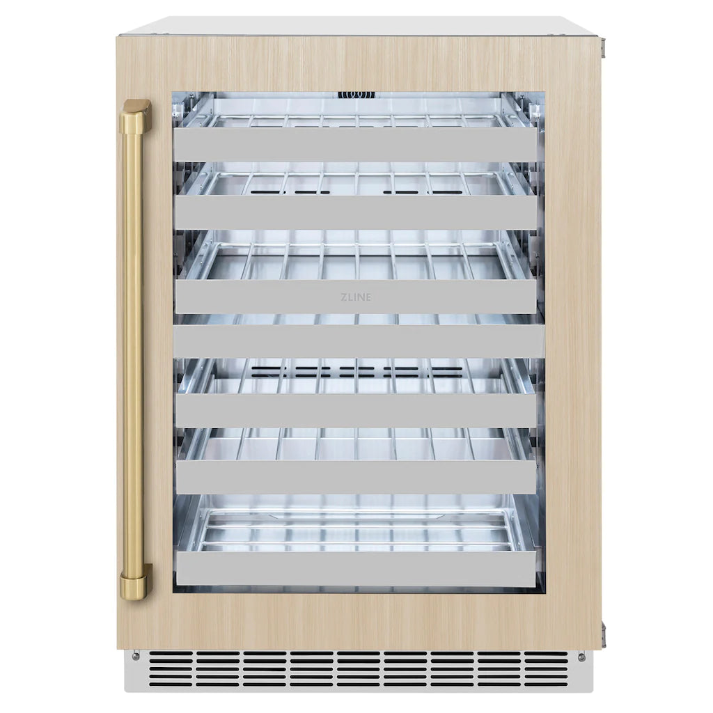 24-inch dual-zone wine cooler with glass door and champagne bronze vertical handle