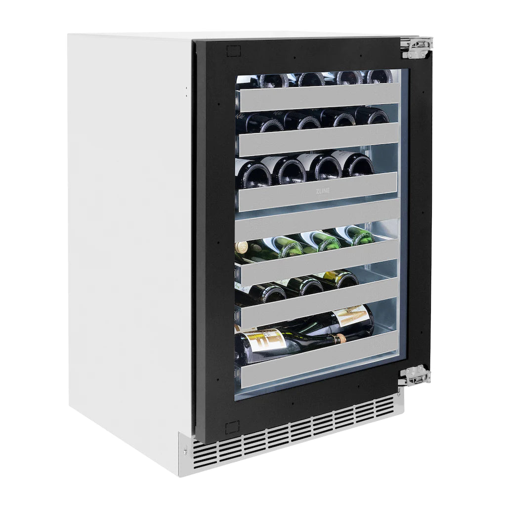 Dual-zone wine cooler with black frame glass door, showing stacked wine storage racks