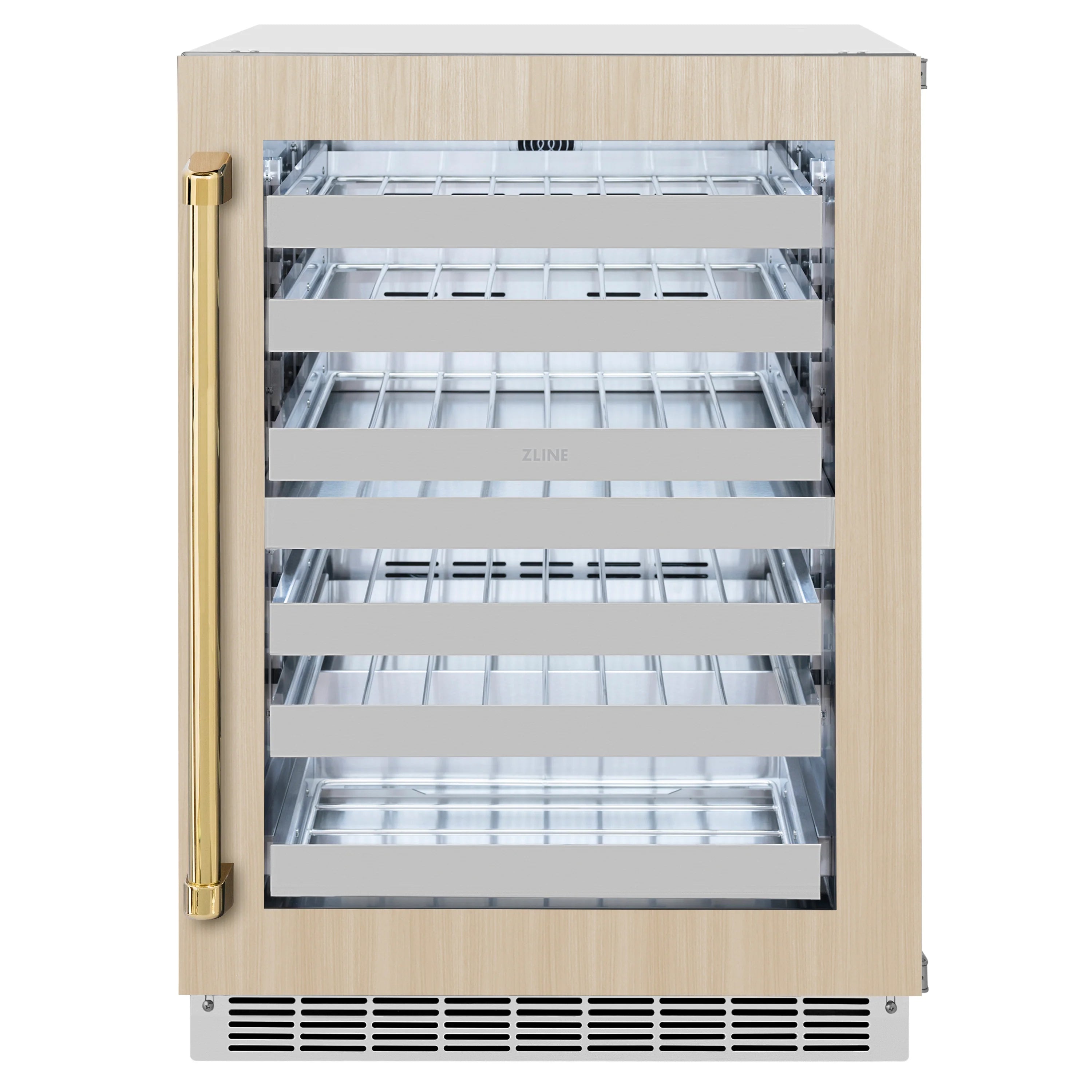 Panel-ready wine cooler with wooden door panel, gold handle, glass window