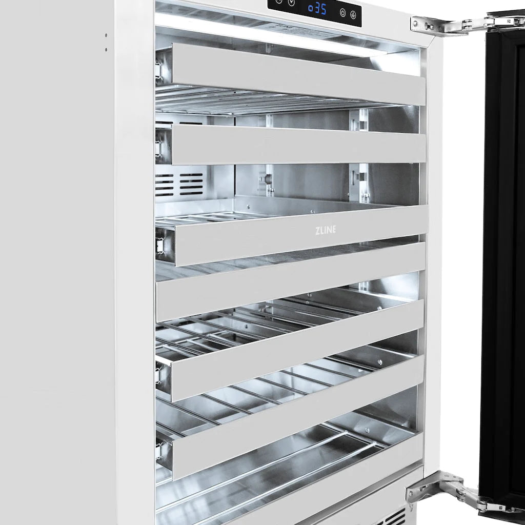 Indoor/Outdoor wine cooler with open glass door and stainless bottle shelves
