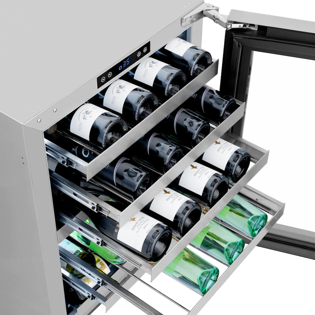 Wine cooler interior with bottles on pull-out shelves and sliding rack system