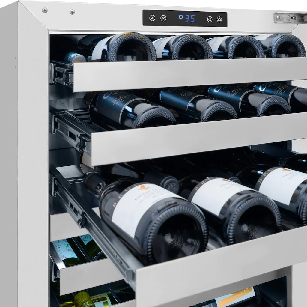 Wine cooler interior showing two rows of bottles on white sliding shelves