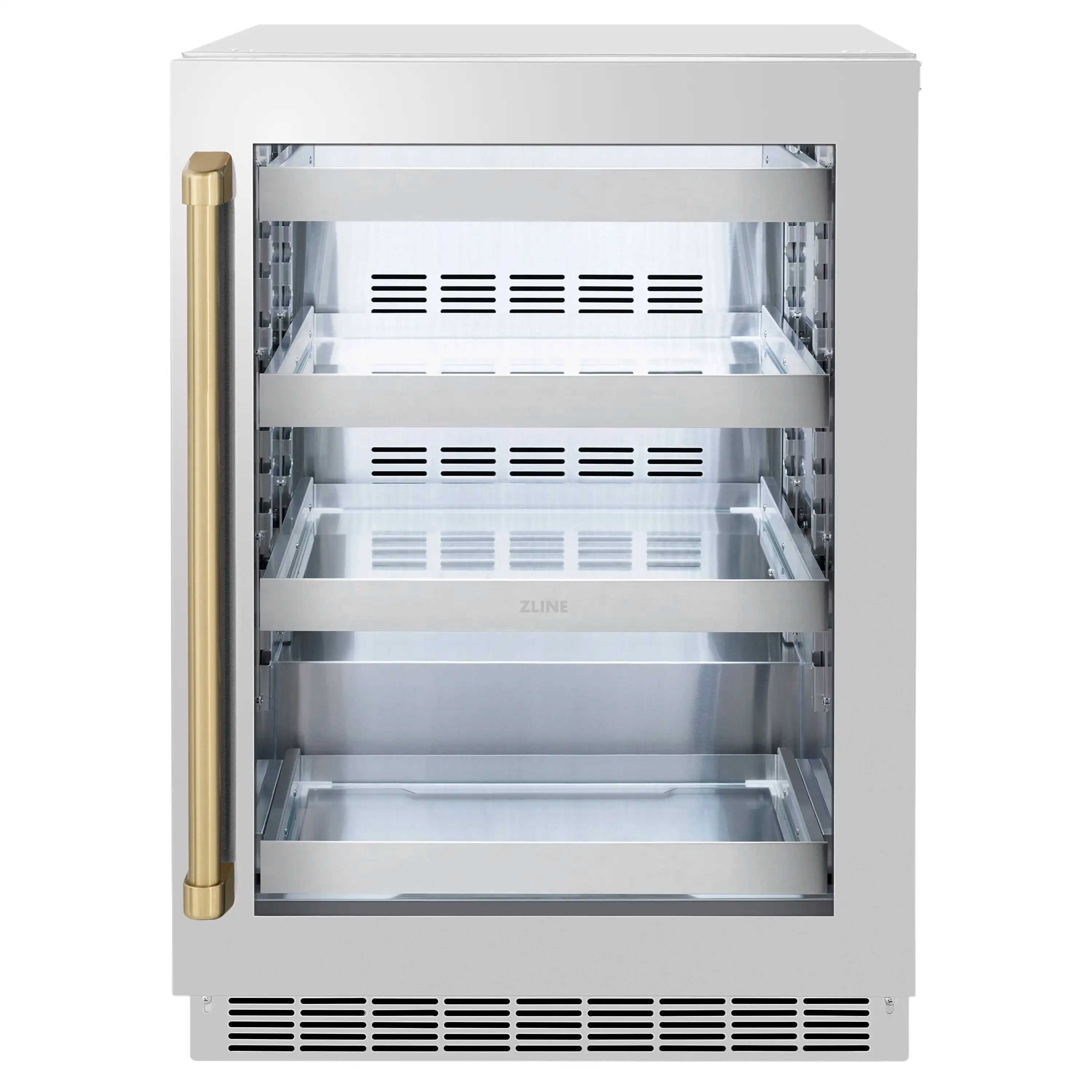 Stainless beverage fridge with glass door open, internal shelves, champagne bronze vertical handle