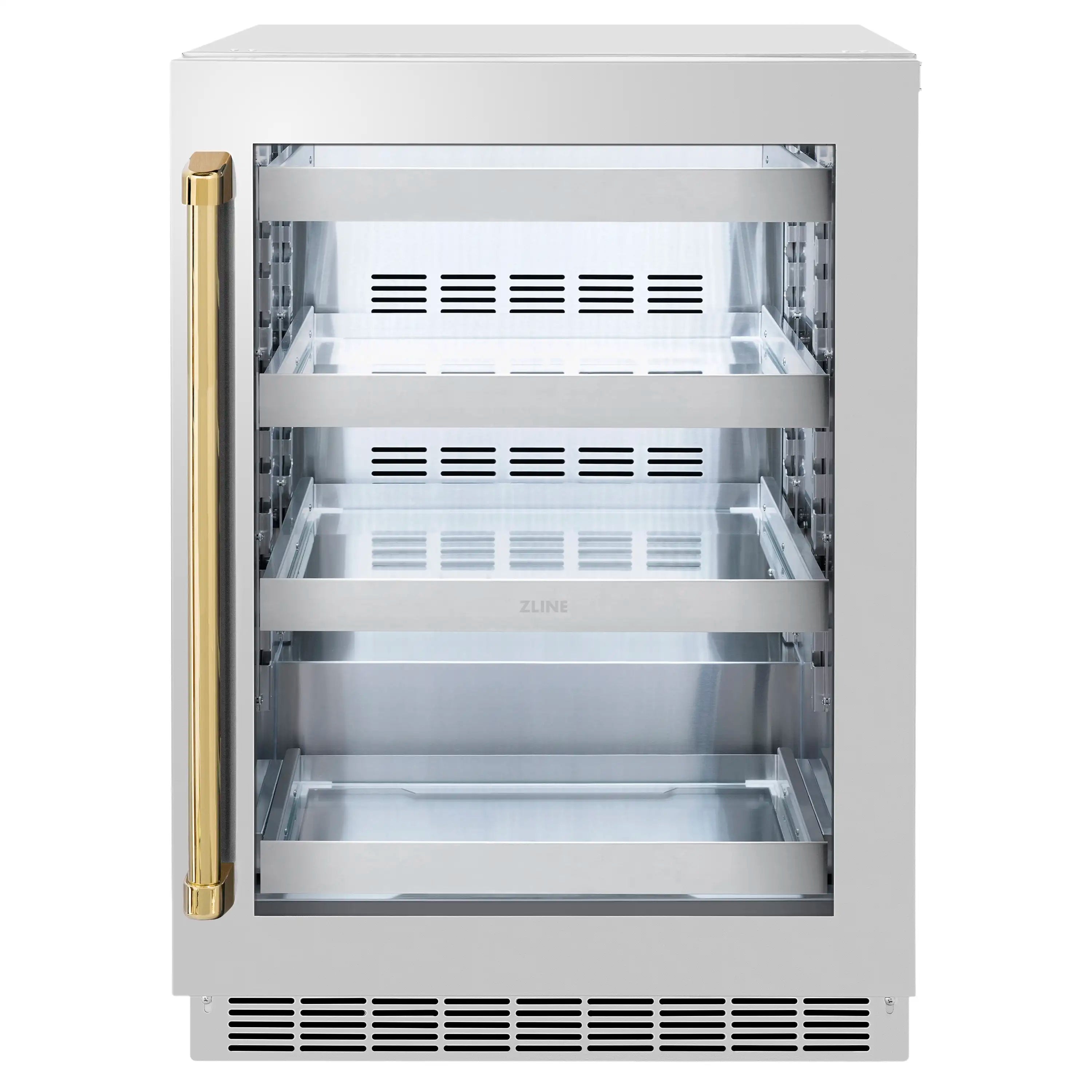 24-inch beverage fridge with stainless steel glass door, gold handle, and stocked interior shelves