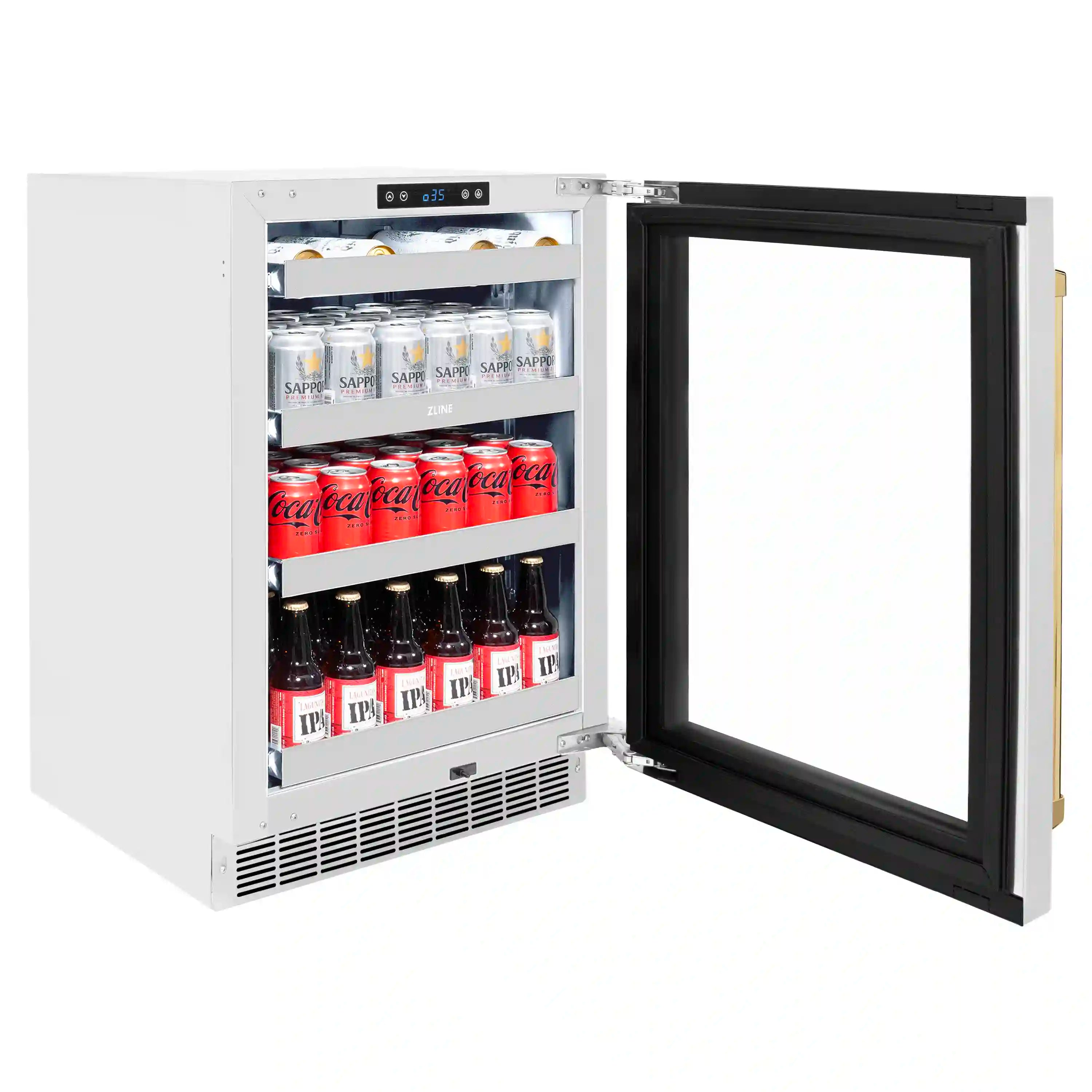 Beverage fridge with glass door open, showing drink bottles on interior shelves