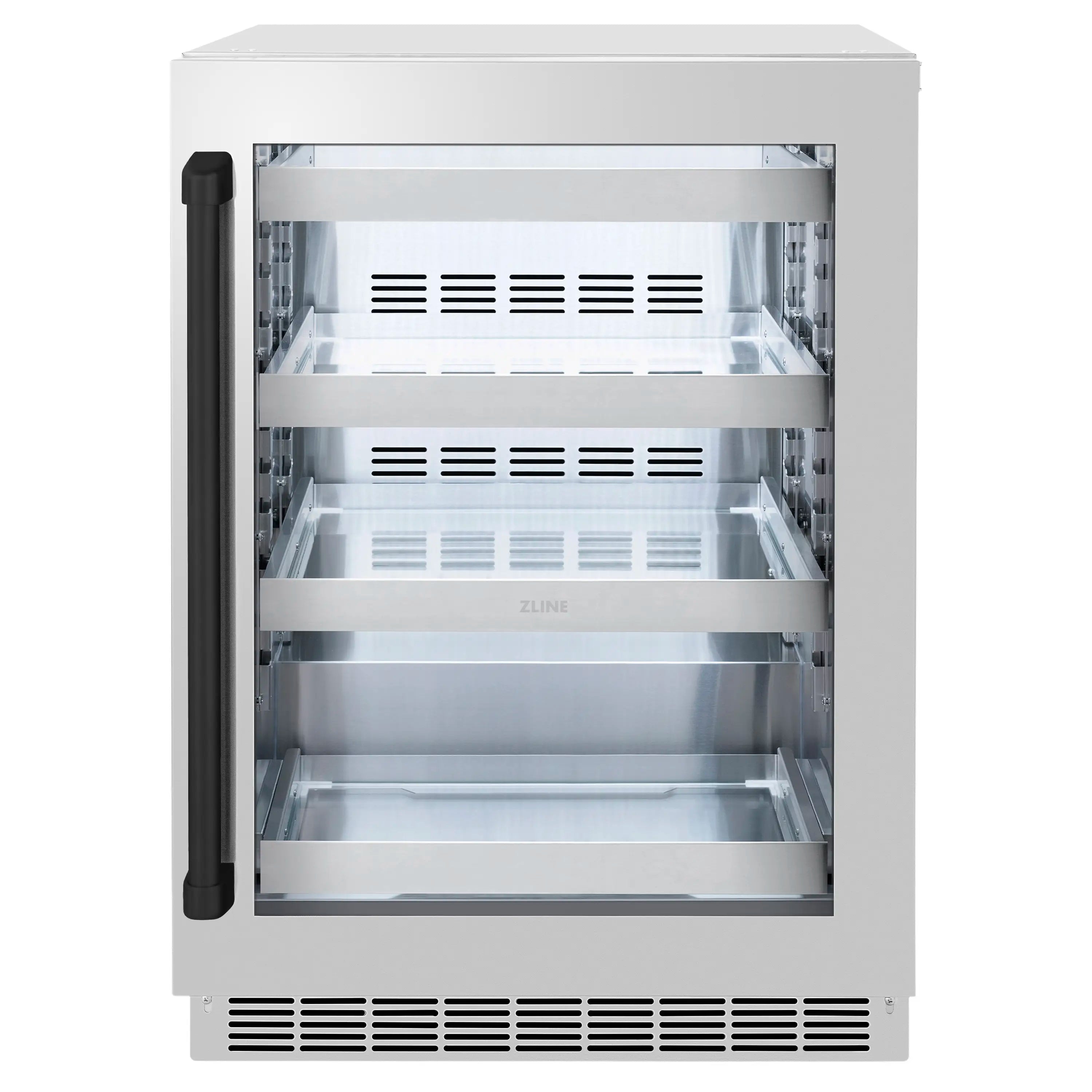 Stainless beverage refrigerator open with glass door, internal shelves and vented base