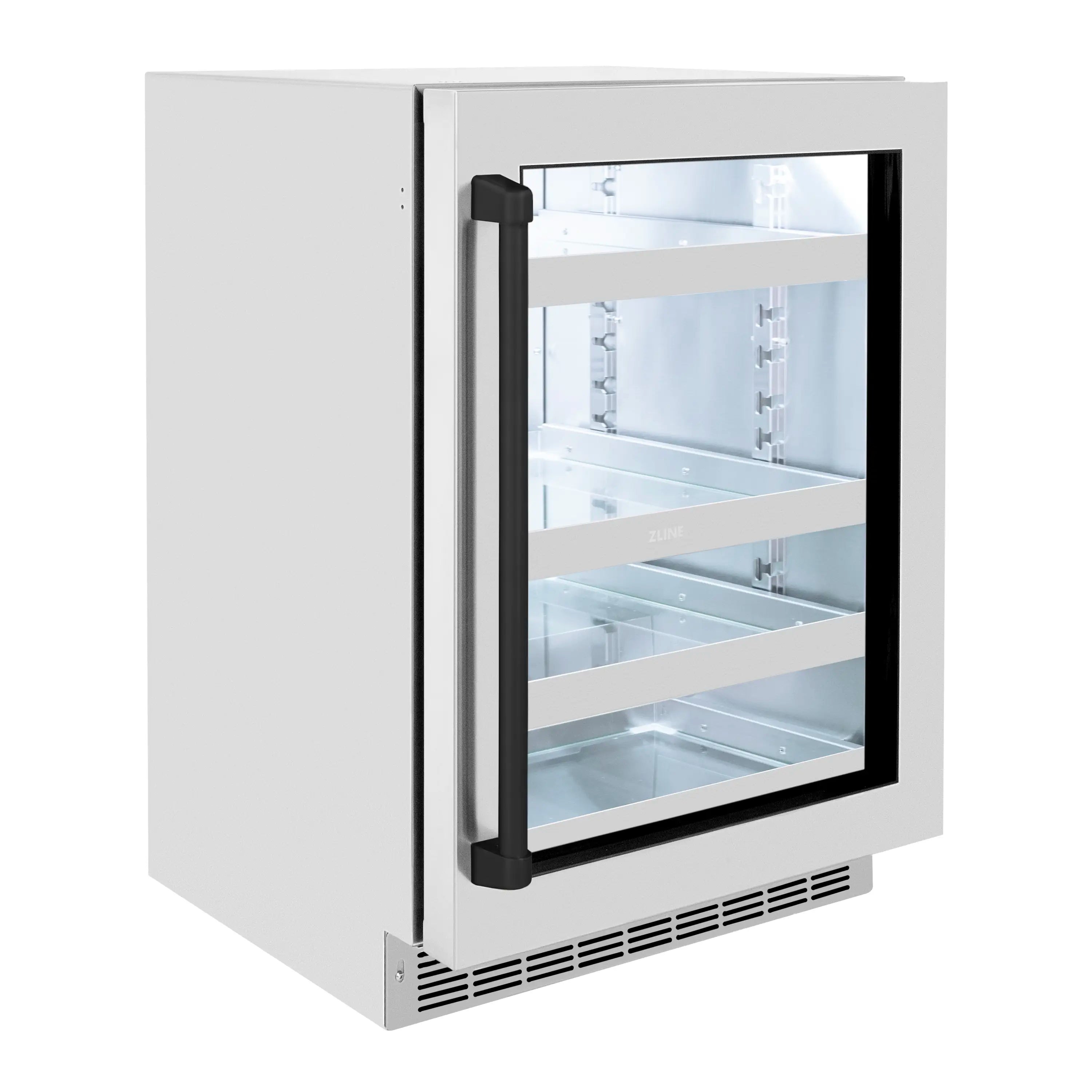 Stainless beverage refrigerator with black-framed glass door and matte black handle