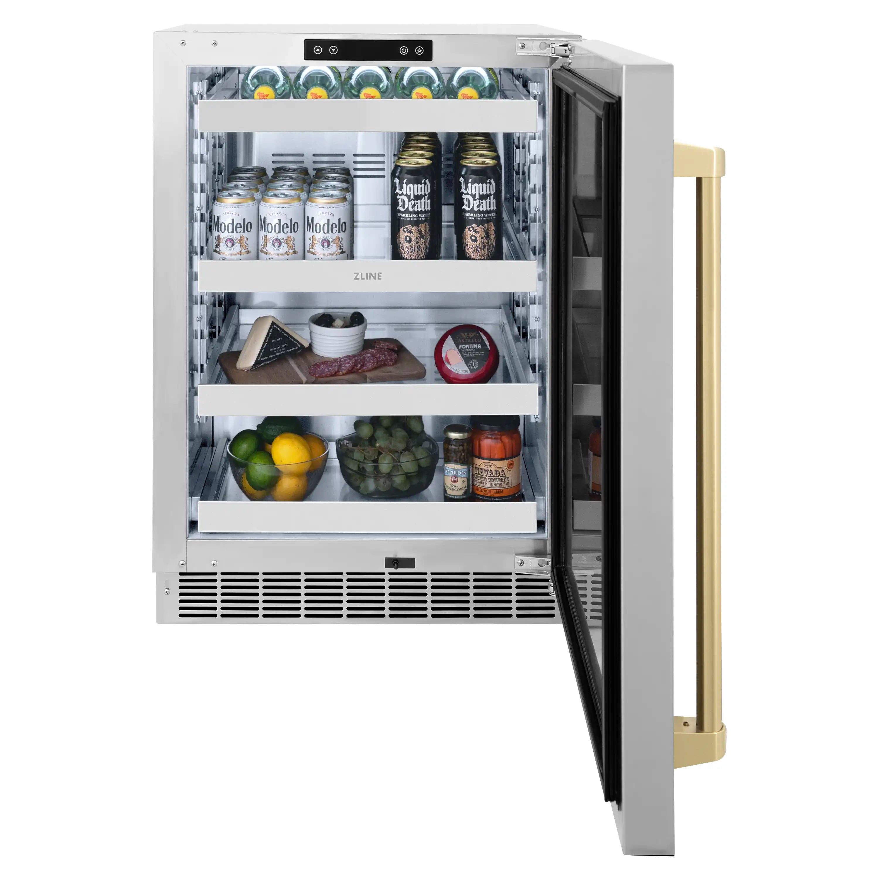 Open beverage fridge interior with shelves stocked with canned drinks and small items.