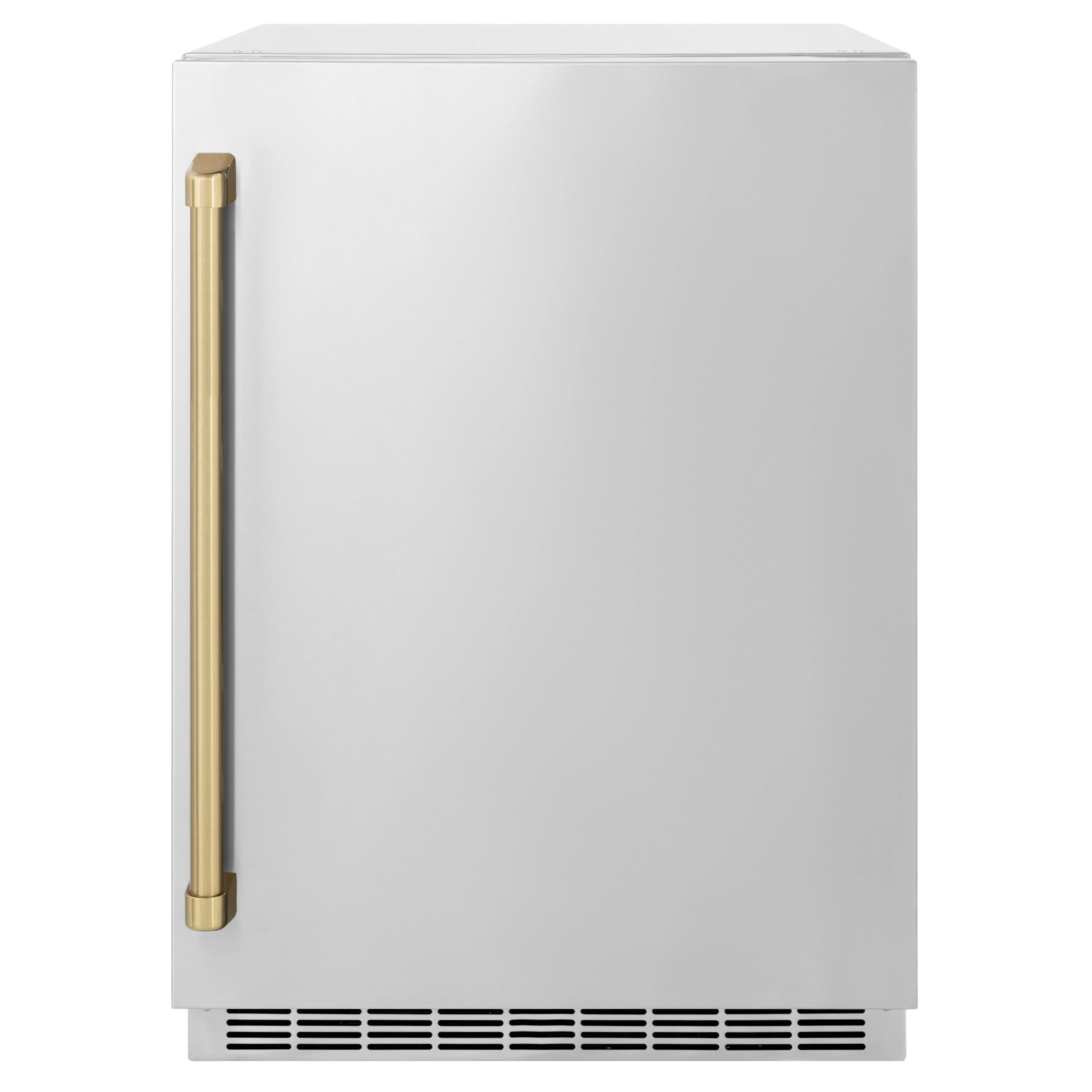 Closed beverage fridge with champagne bronze vertical handle and bottom vent grille.