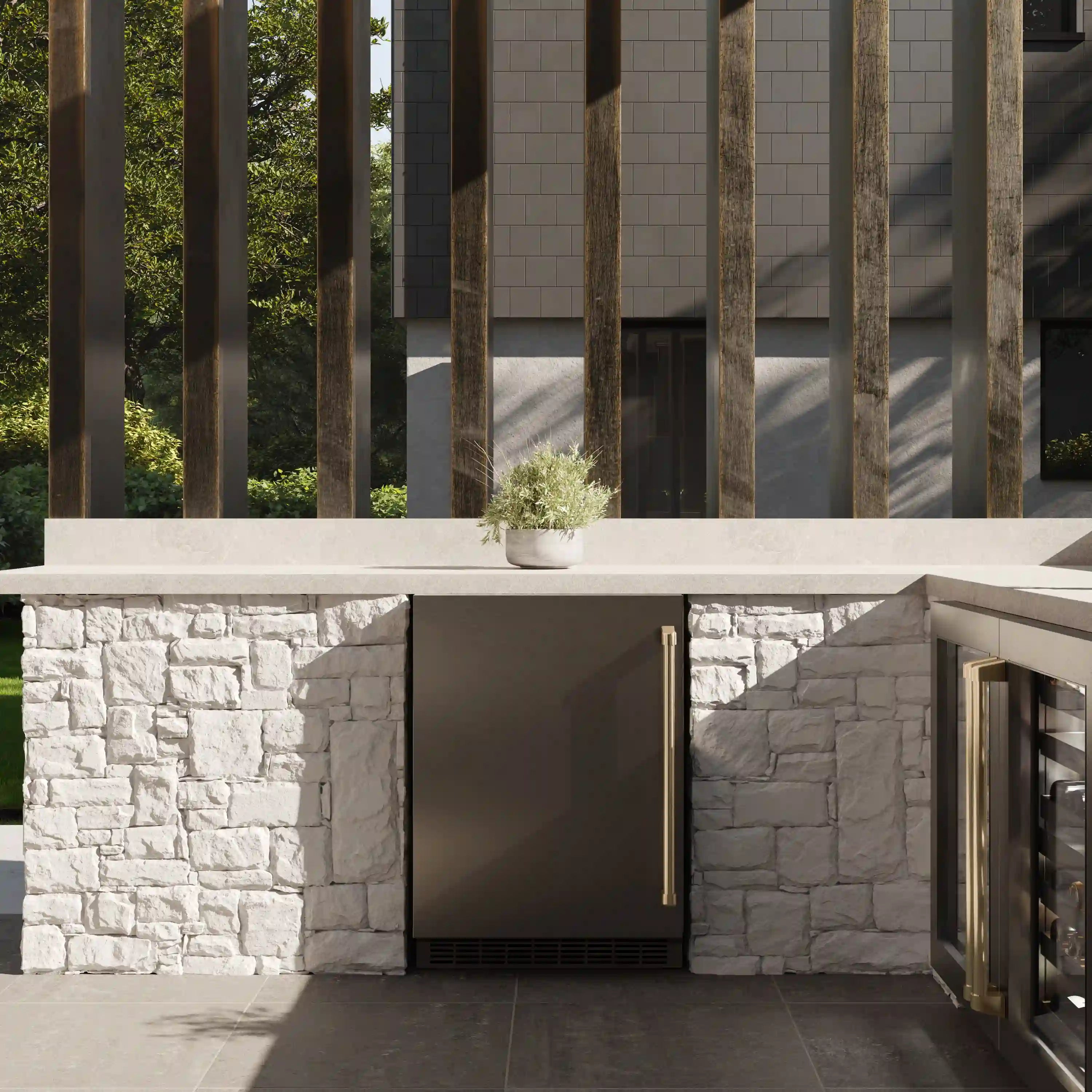 Outdoor beverage fridge built-in with bronze handle and front vent grille.