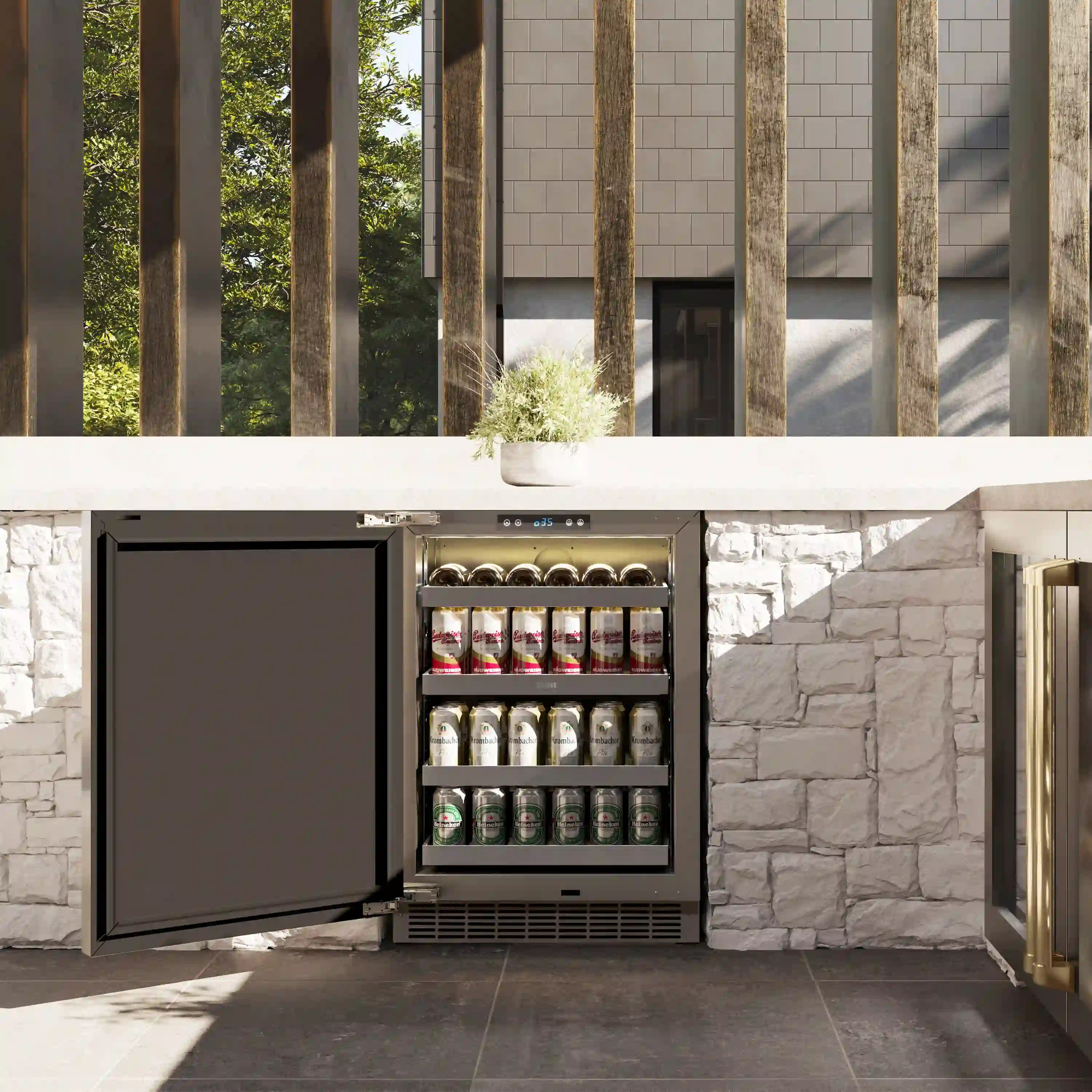 Outdoor beverage fridge with open door showing shelves of canned drinks.