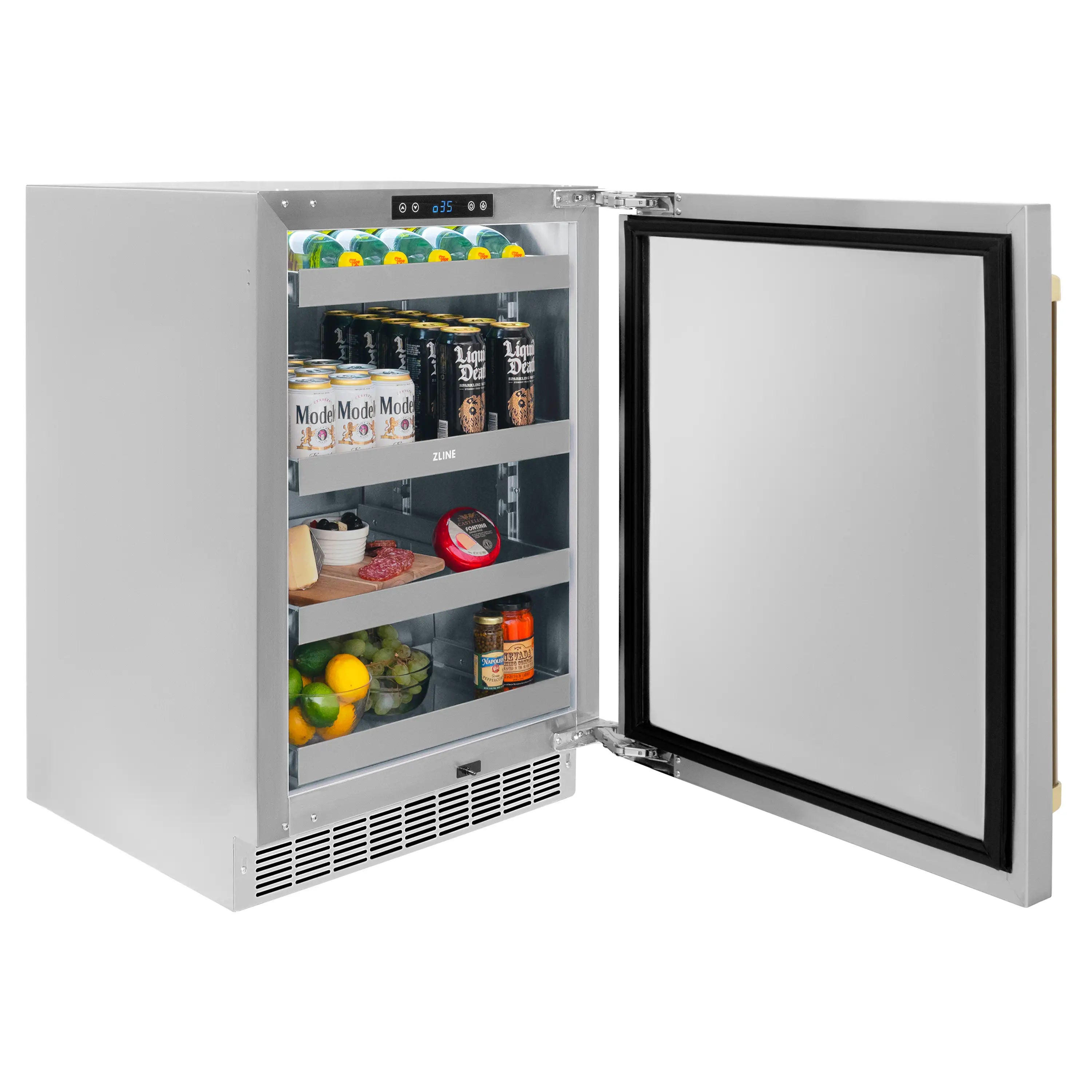 24-inch beverage refrigerator with black-framed door, open interior shelves