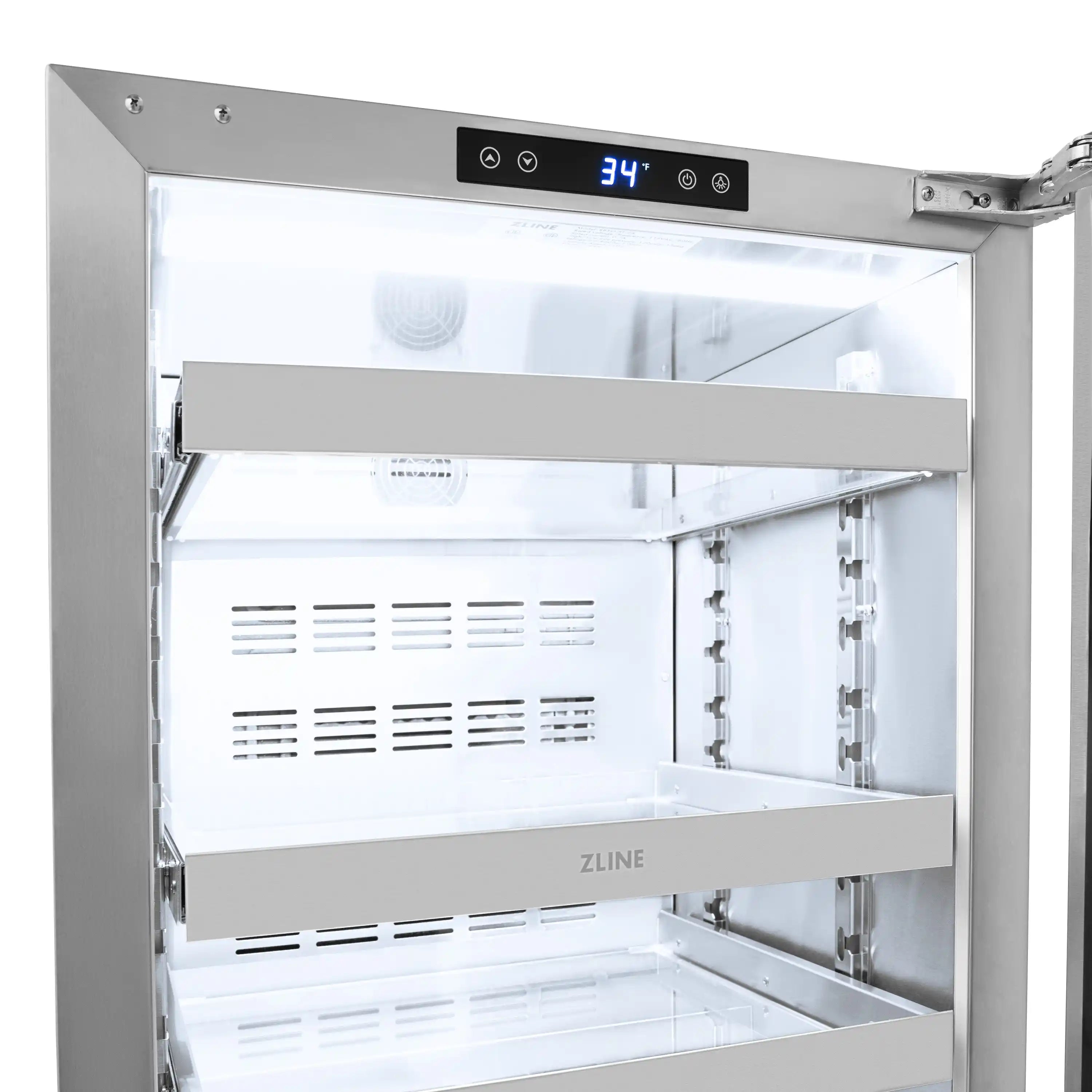 Stainless beverage fridge with door open, inner shelves, and blue temperature display