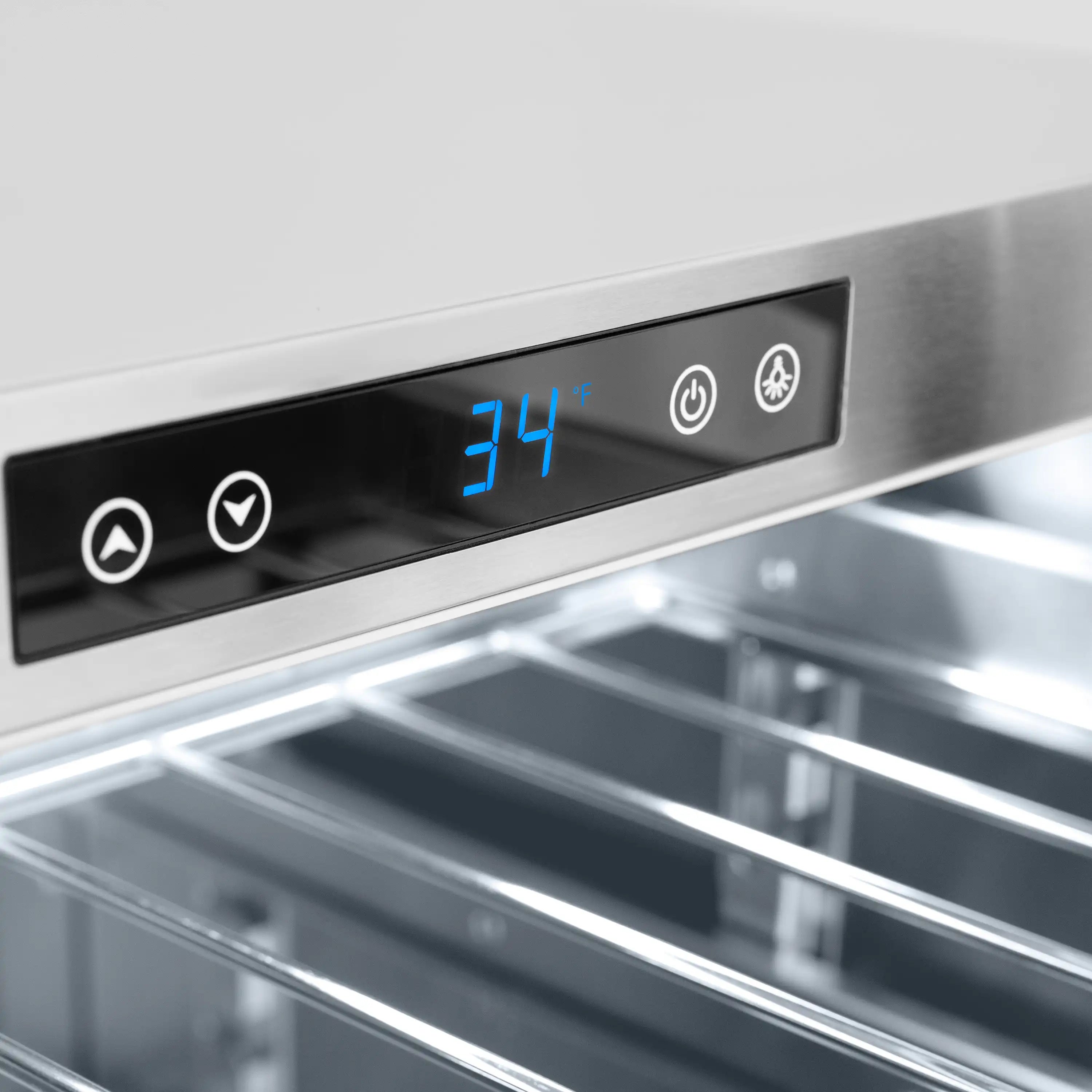Stainless beverage fridge control panel with blue temperature readout and icons