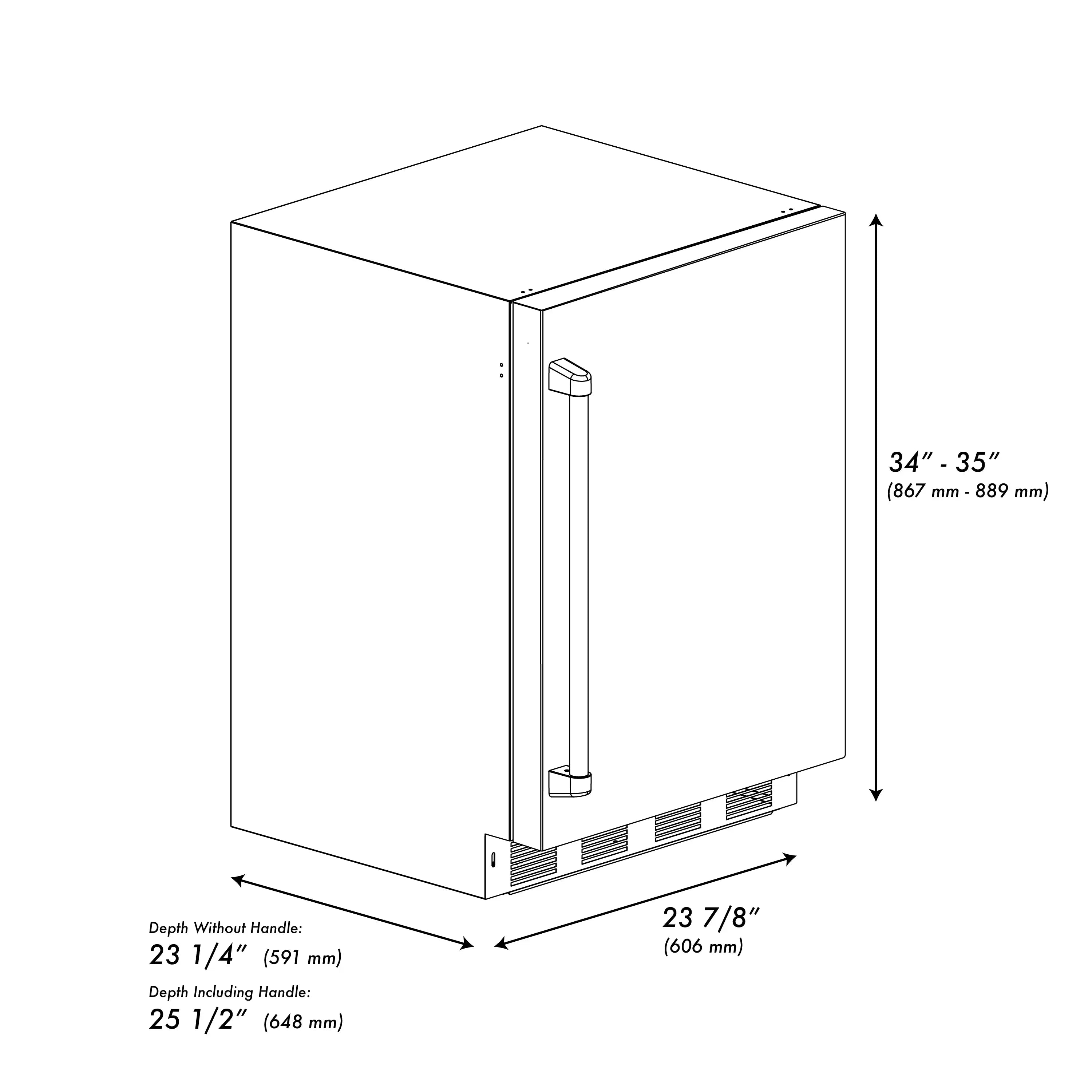 Beverage fridge size diagram with handle and ventilation grille lines