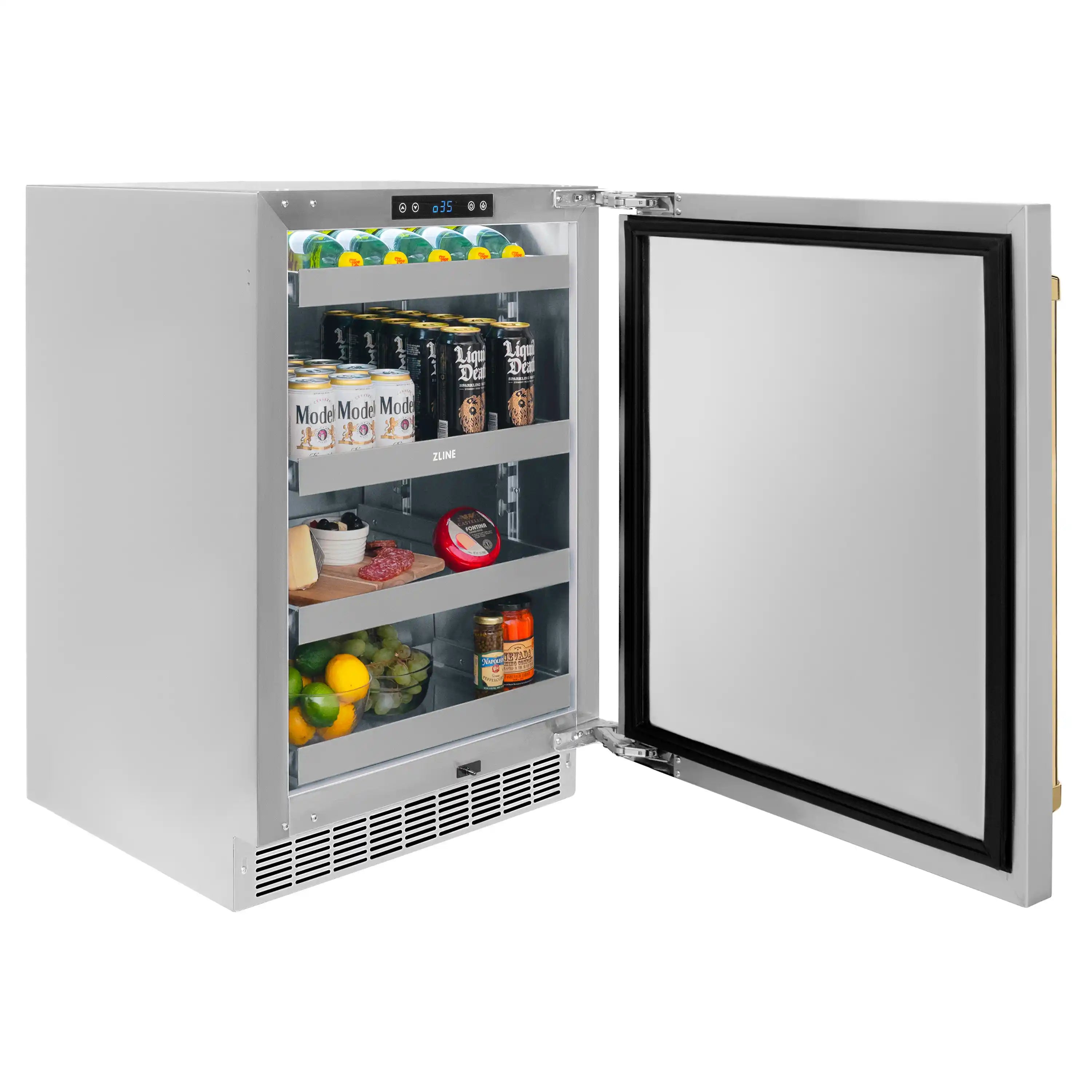 Undercounter beverage fridge with door open showing interior shelves and drinks