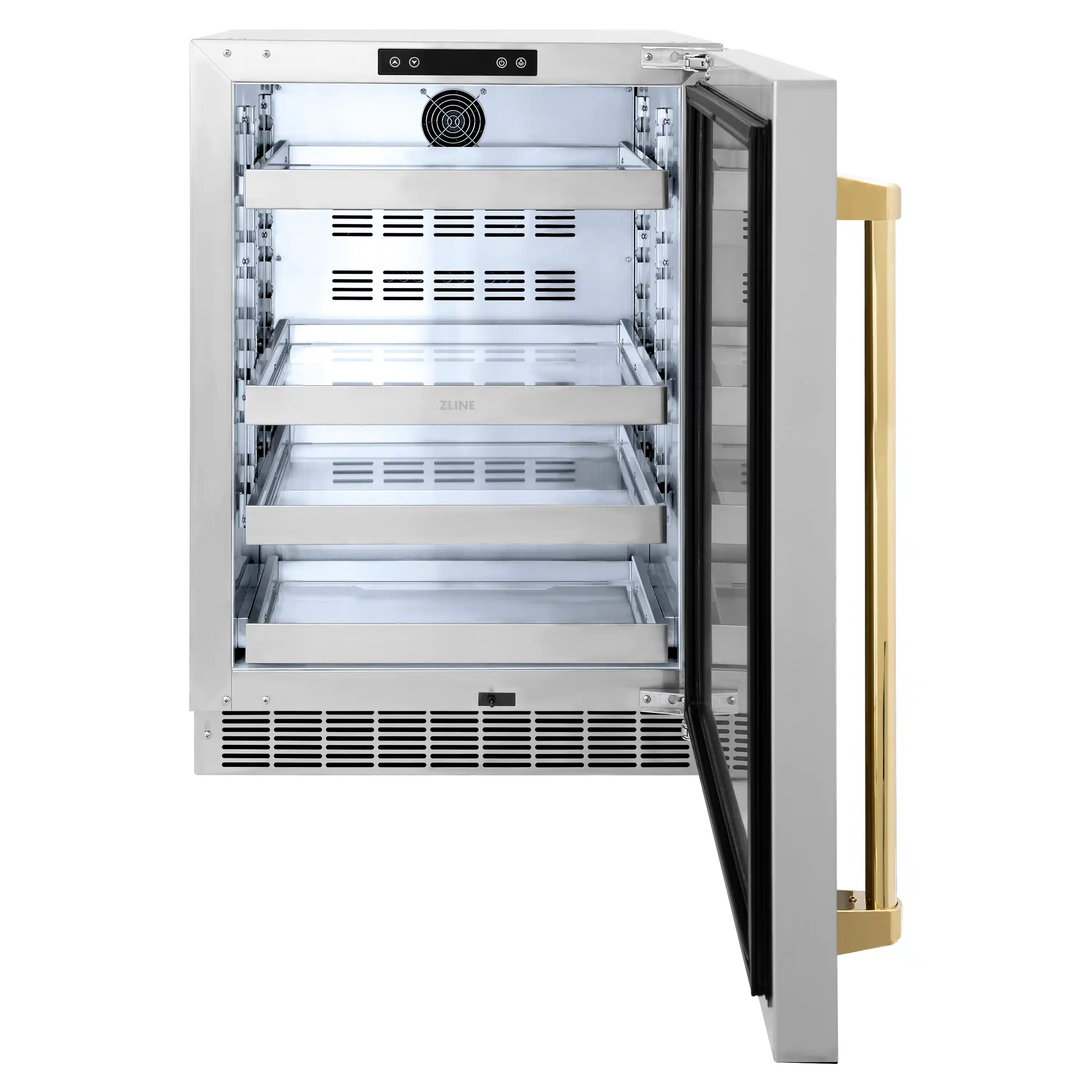 Beverage fridge door open showing multiple shelf levels and front vents