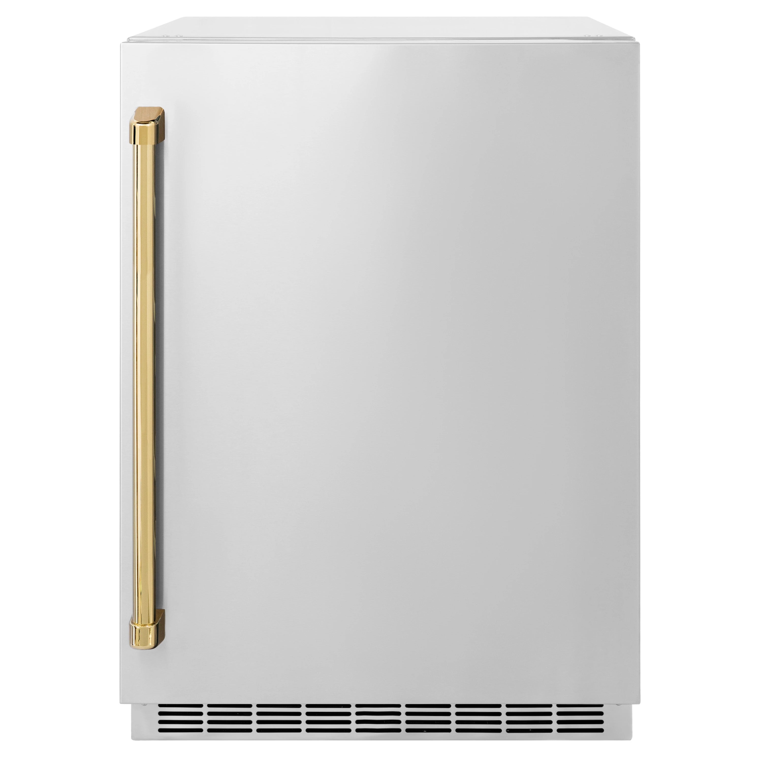 24-inch beverage fridge with solid stainless door, polished gold handle, and bottom vents