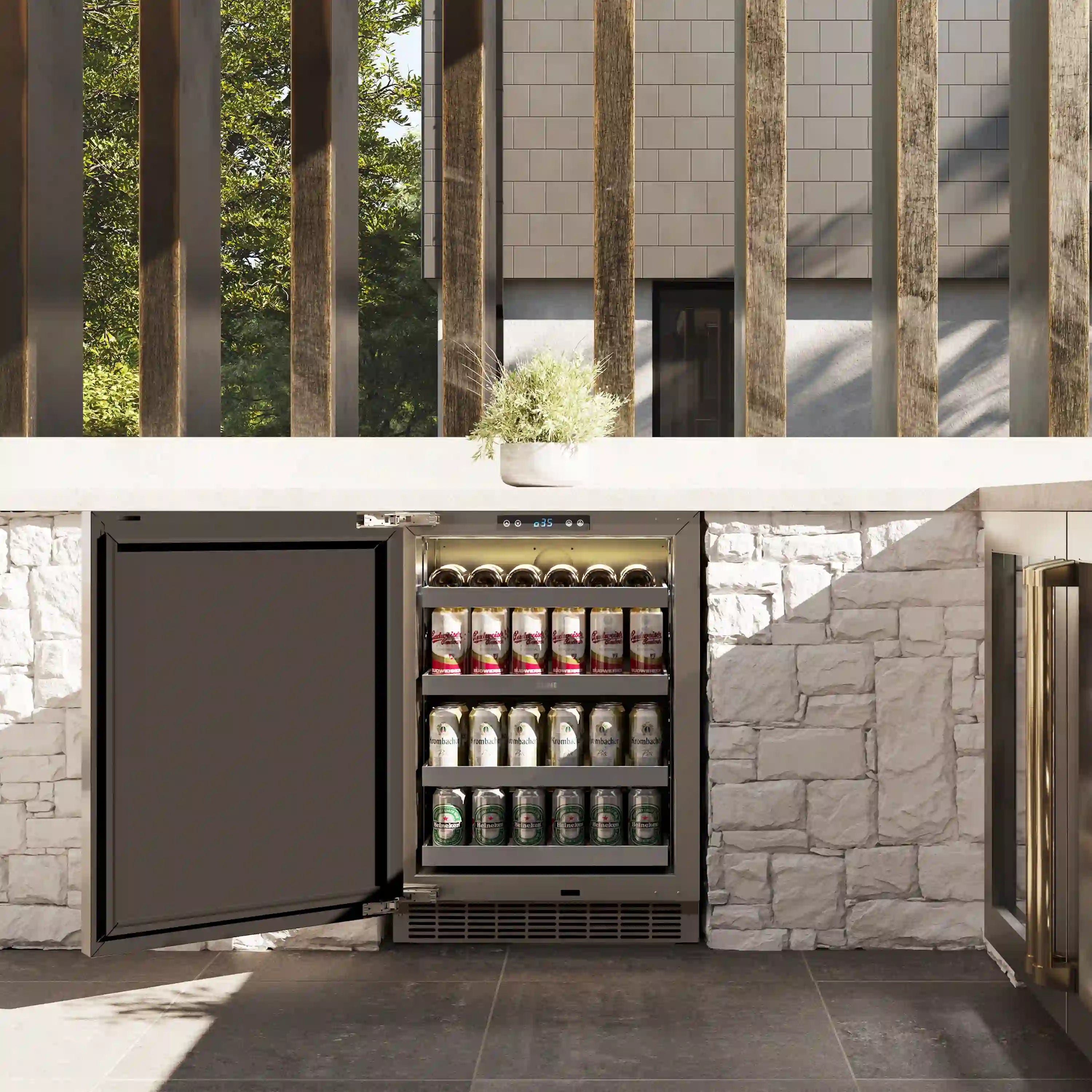 Open beverage fridge with wire shelves, can storage, and polished gold door handle